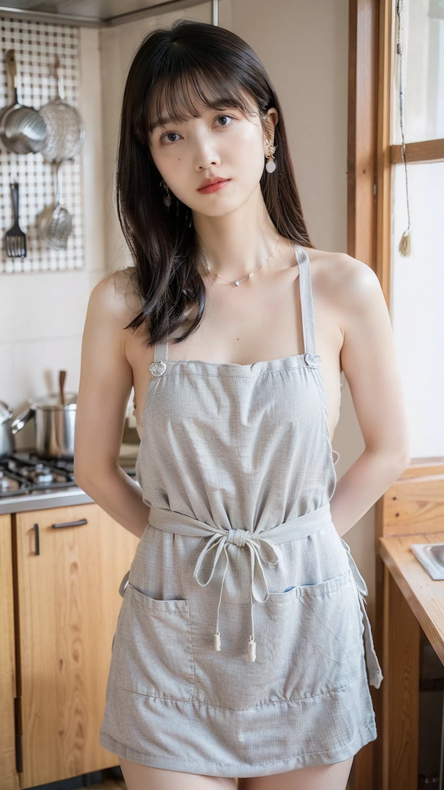 ((wearing only a Tully's Coffee's (short apron on a naked body), dark_blue apron, apron up to the thighs, )), 写実的、リアル、解剖学的に正確な身体、Woman with long blonde hair and pale blue eyes is taking pictures, Long bangs、gorgeous young model, Portrait Sophie Mudd, The most beautiful female models in the world、White beautiful skin、Highlights of cheek luster、cute young woman, Very beautiful young woman, portrait of a beautiful model, Beautiful young girl, with round face、Beautiful young woman, a photography of a beautiful woman, face perfect, 20-year-old female model, Beautiful blonde girl、Small face beauty、(no_panties, no_bra:1.1)、body facing the viewer、((photo from the waist up:1.1))、thin waist、embarrassed look smile、I can see the belly button、Clean tummy、Not NSFW、cute, happy, ((身体が視聴者の方向を向く))、no_NSFW、(太もも、no_panties, no_bra, no_shirts),