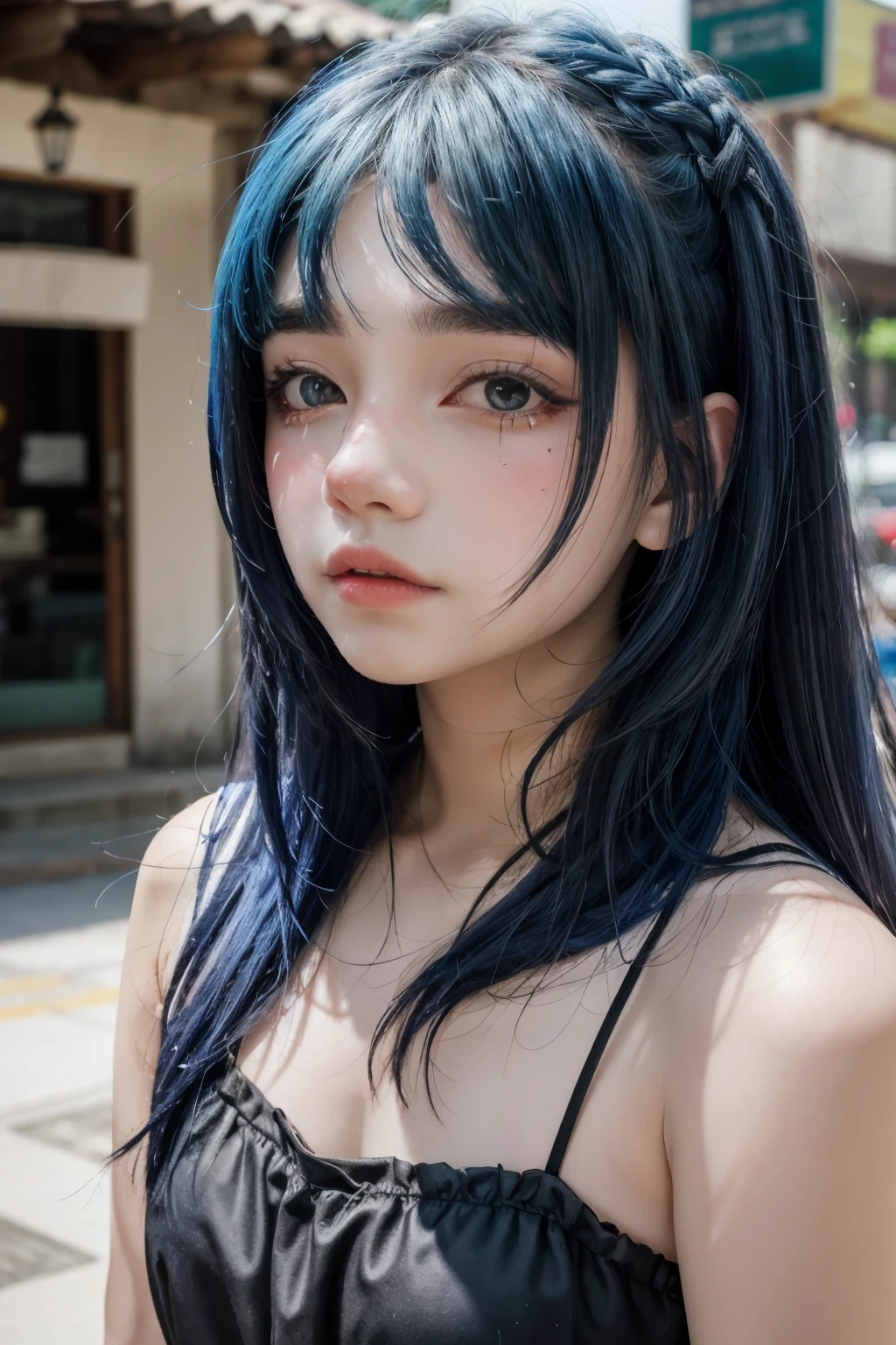 best quality, detailed, 4k, raw photo, masterpiece, detailed face,
1girl, portrait, upper body, blue hair, bangs, long hair,