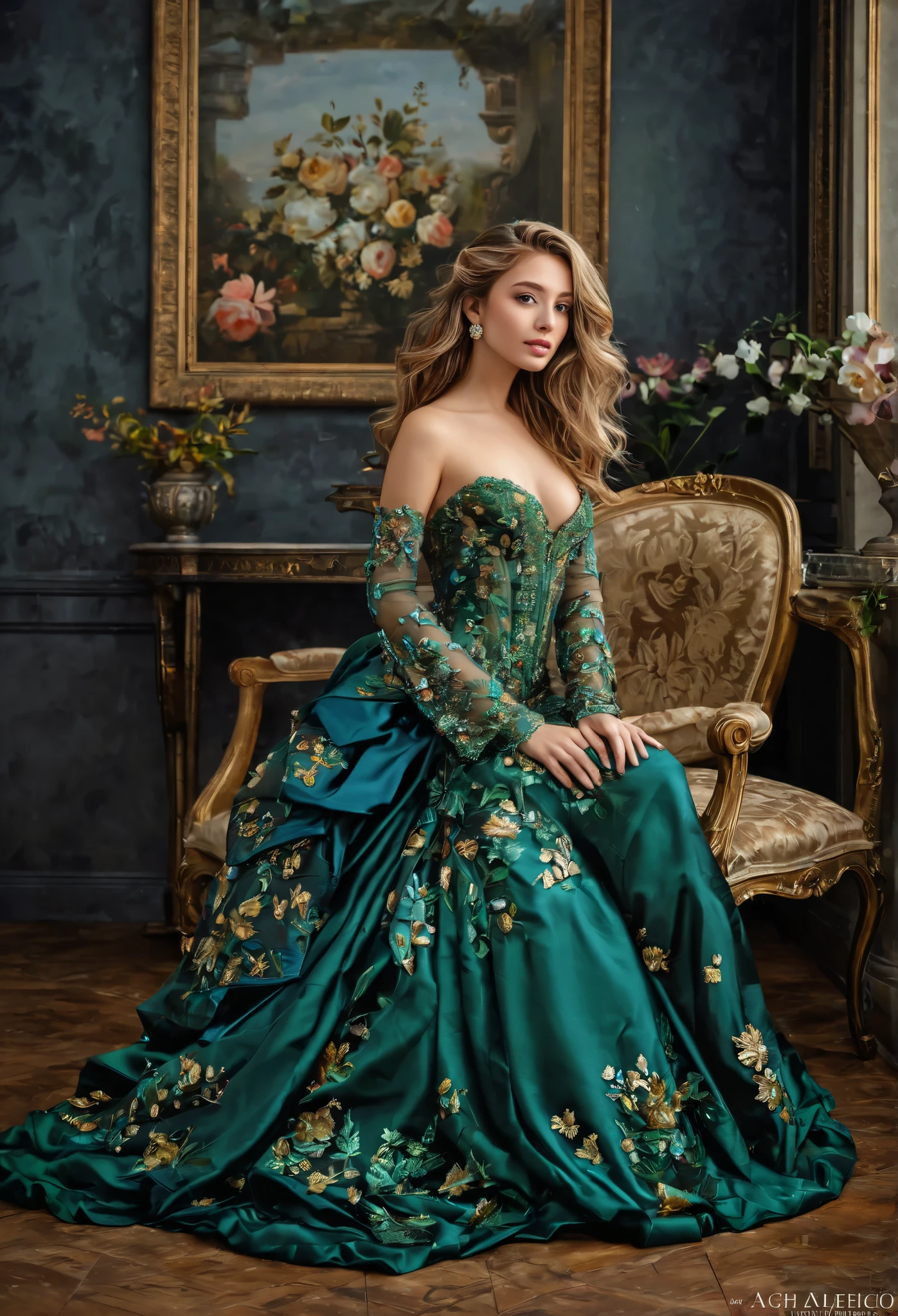 ( highest quality , high resolution, masterpiece:1.2), Super detailed, ( realistic, realistic, photorealistic :1.37), Portrait painting , Creative style of art, Historical, classical, sophisticated, different colors , very detailed , Luxurious furnishings , detailed dress, bright flowers, exquisite jewelry , mysterious atmosphere , graceful pose, graceful curves , Golden body proportion , flowing hair , Breathtaking textile patterns , blue, green , Delicate floral decoration , Stunning crystal accessory set, mysterious and dreamy atmosphere , close attention to detail ., soft lighting , 8 k, Textured skin , high detail, masterpiece