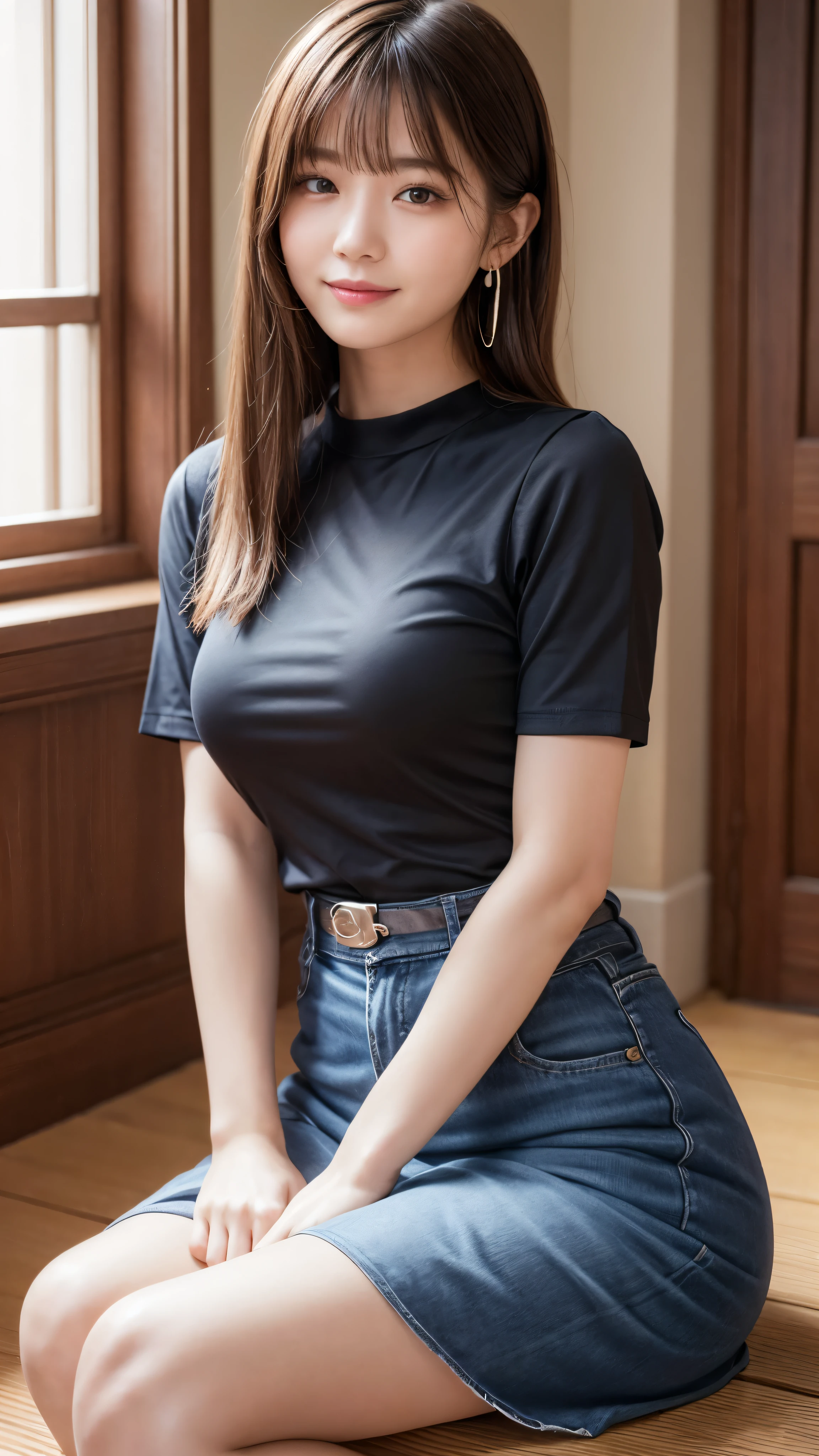 ((best quality)), ((masterpiece)), (detailed), perfect face, araffe woman in a dark-blue shirt and blue denim skirt walking down a dark room, thicc, she has a jiggly fat round belly, bbwchan, wearing tight simple clothes, skinny waist and thick hips, widest hips, her belly is fat and round, soft curvy shape, hyperrealistic full figure, wearing a cute top, wide hips, wearing 10 bracelet , wearing huge diamond necklace , watch, wavy short hair