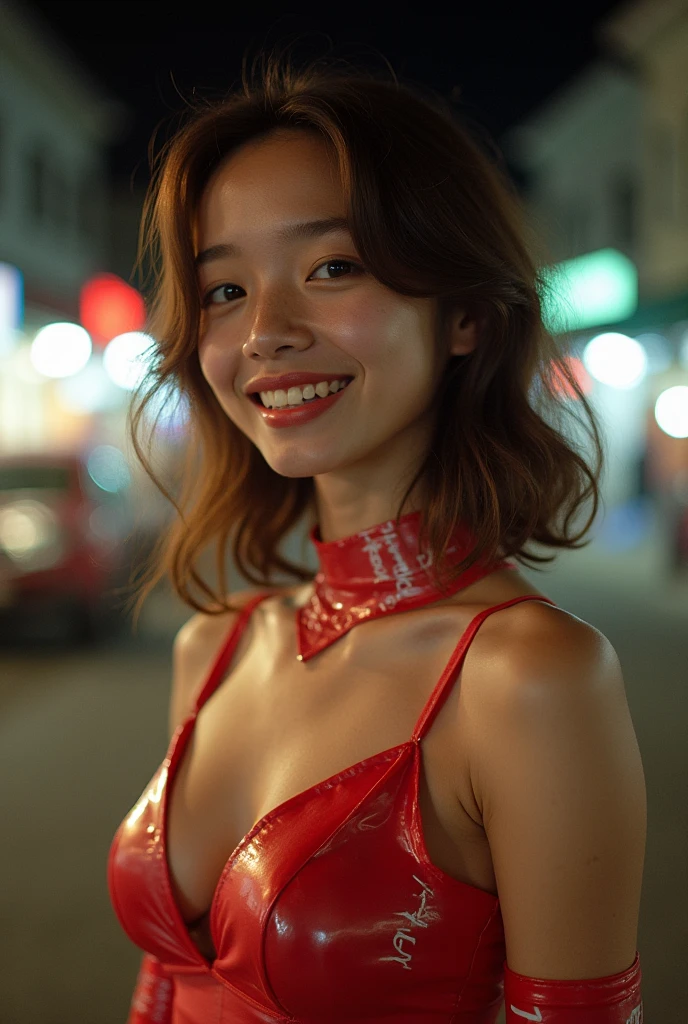 1girl, idol, model, depth of field, photo, film, face, skinny, smile, collarbone, teeth, movie, camisole, Selfie, night,Two of them are wearing clothes.、In the other two photos, she is undressed and wearing a swimsuit.。Japanese、Red swimsuit