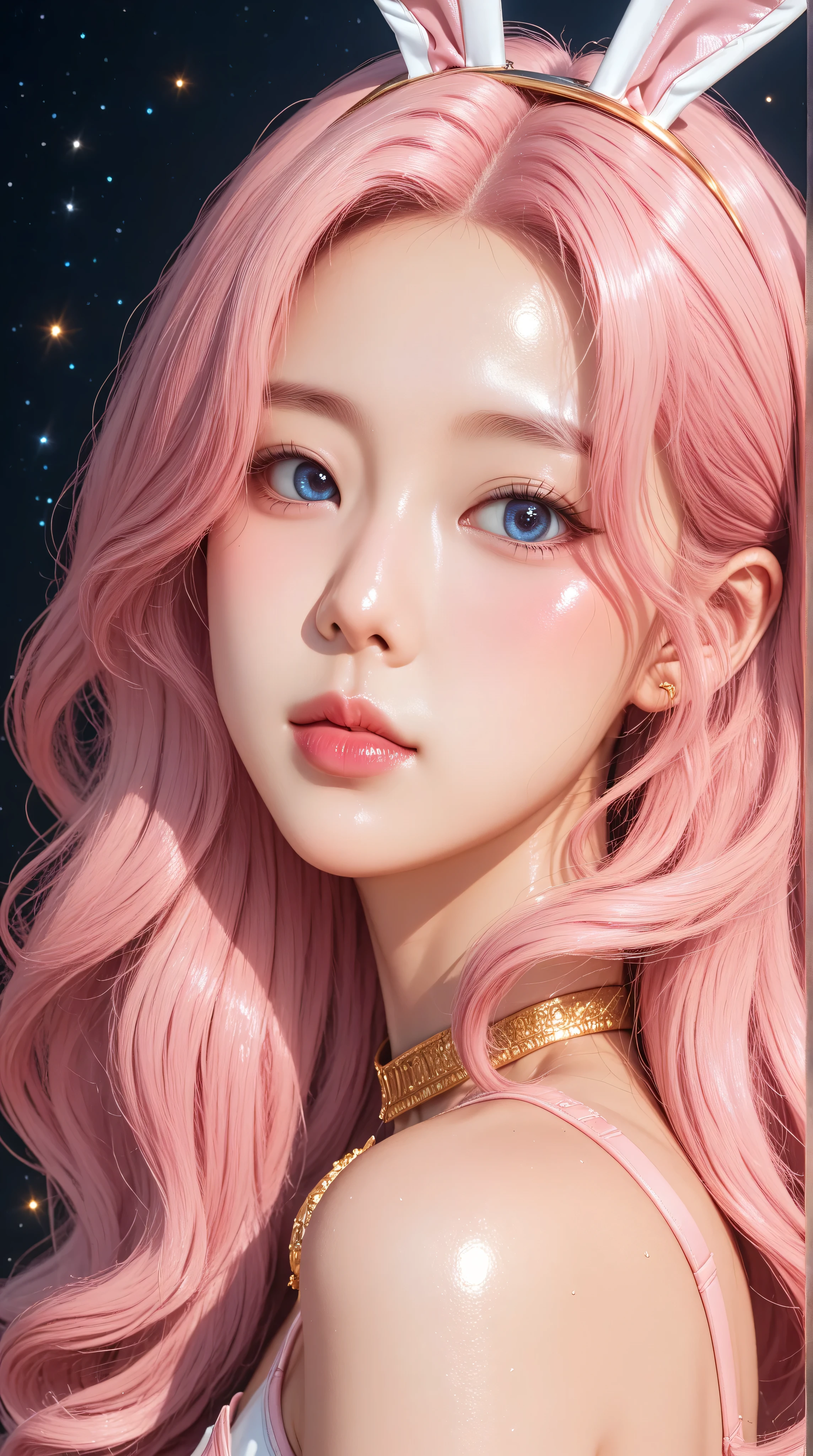 Highly detailed, Amazing work,Vitreous luster,((clean backdrop)),In gold,(((pink))),blues,Best quality at best,clean backdrop, shiny skin, ((best quality)), ((masterpiece)), (detailed), perfect anime, young korean bunnygirl, korean eyes, korean nose, korean mouth, portrait, surreal, in the illustrative style of moebius, spaceships, aliens, fantasy, sci-fi, graphic novel, line drawing, french retro, extravagant, ornate, royalty,