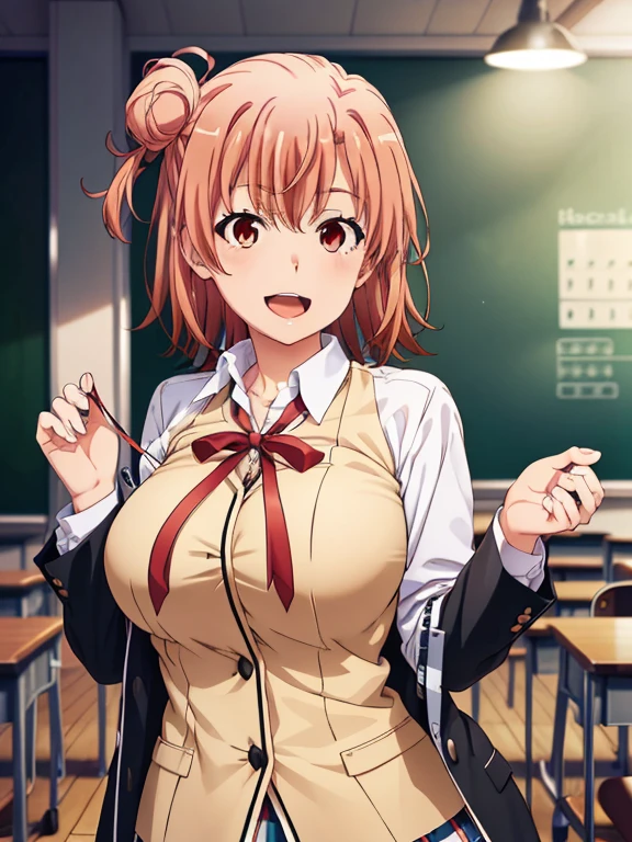 highest quality, masterpiece, High resolution, 1 girl, yuigahama yui, pink hair, bun hair, short hair, white collared shirt, (smile), (blush), big, classroom, (Hold the breast between your palms:1.5), (white shirt:1.5), (open chest:1.5), (big胸:1.5)