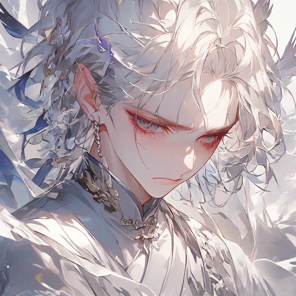 masterpiece, best quality, ultra-detailed, illustration, 1boy, solo, male focus, looking at viewer, upper body, depth of field, tank top, cat ear, ripped abs, sweating, razor (genshin impact), white hair