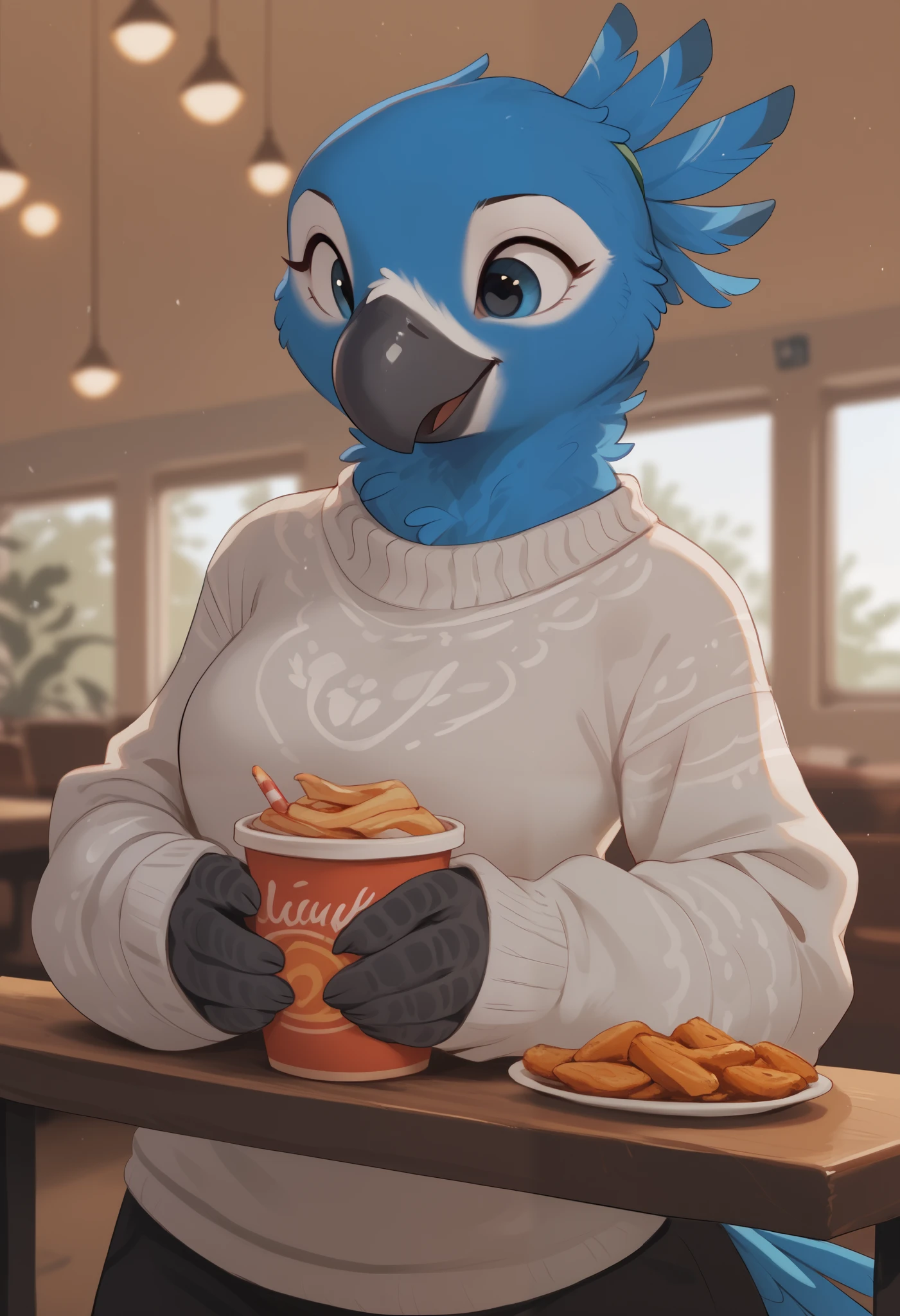 masterpiece, best quality, 1girl, solo, megafeathery, feathers, feathery, bird anthro, avian, beak, parrot anthro, solo, female, sweater, indoors, restaurant, , 