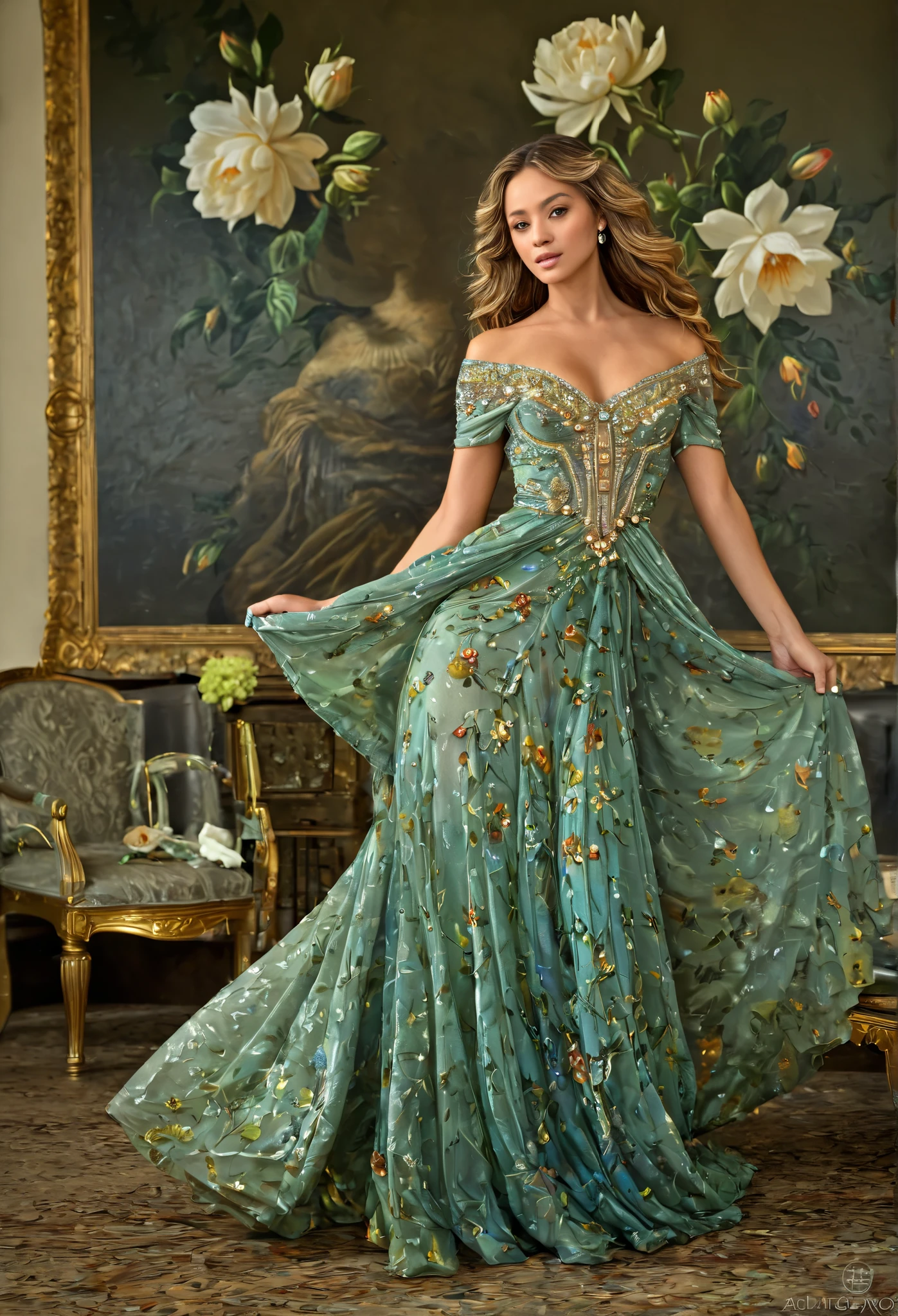 ( highest quality , high resolution, masterpiece:1.2), Super detailed, ( realistic, realistic, photorealistic :1.37), Portrait painting , Creative style of art, Historical, classical, sophisticated, different colors , very detailed , Luxurious furnishings , detailed dress, bright flowers, exquisite jewelry , mysterious atmosphere , graceful pose, graceful curves , Golden body proportion , flowing hair , Breathtaking textile patterns , blue, green , Delicate floral finish , Stunning crystal accessory set, mysterious and dreamy atmosphere , close attention to detail ., soft lighting , 8 k, Textured skin , high detail, masterpiece