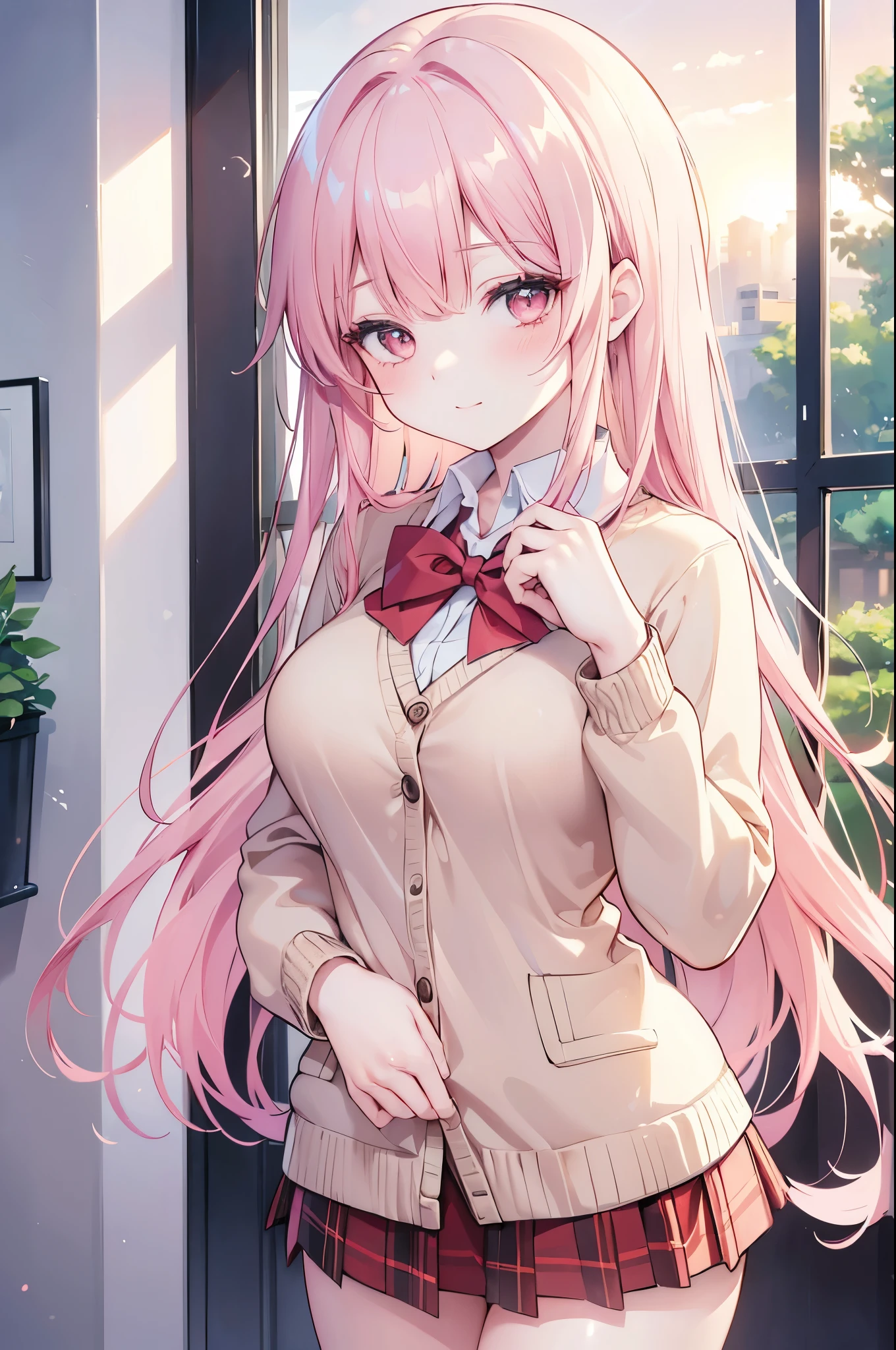 ((masterpiece, Best Quality , High resolution , UHD, Pixel Perfect, Depth of Field, 4K, RTX, [Hall)), 1girl , singular, solo , 19 years old, beautiful anime girl , beautiful art style, anime characters, ((long hair, Bangs, Pink Hair, Curl )), (red eyes:1.4, Round Eyes , Beautiful Eyelashes , realistic eyes ), ( delicate face , blush :1.2), ( Smooth Texture :0.55, Realistic texture :0.65, realistic:1.2, Movie, Anime CG Style ), Big , Big Breasts, perfect figure, full, (point of view, close up), (( school uniforms, Cardigans at the back of the hand, sweater, jacket, Red Bow , Plaid Skirt)), (indoor, window), ((side light, natural light, sunrise)), gentle smile , looking at audience , Hands on chest