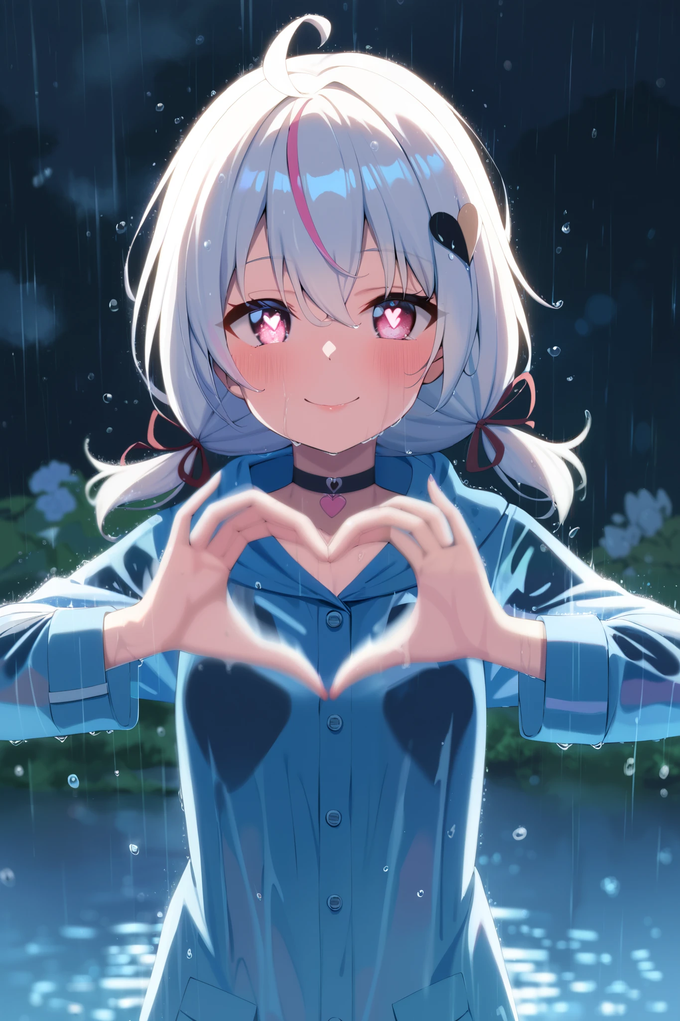 score_9, score_8_up, score_7_up, score_6_up, score_5_up, score_4_up, 1girl, angel girl, teen, small breasts, heart-shaped face, upper body, feet out of frame, front view, standing, heart hands, looking at viewer, happy, pink eyes, heart shaped pupils, symbol-shaped pupils, long hair, white hair, multicolored hair, pink streaked hair, bangs, hair between eyes, low twintails, hair ribbon, red ribbon, heart ahoge, ahoge, hair ornament, wet clothes, blue raincoat, hood up, long sleeves, water, choker, flower hair ornament, heart choker, outdoors, night, water droplets, black clouds, ,night sky, heavy rain,wind, cinematic lighting, motion blur, Depth of Field, soft focus, anime coloring, Glowing Light, Smile, 