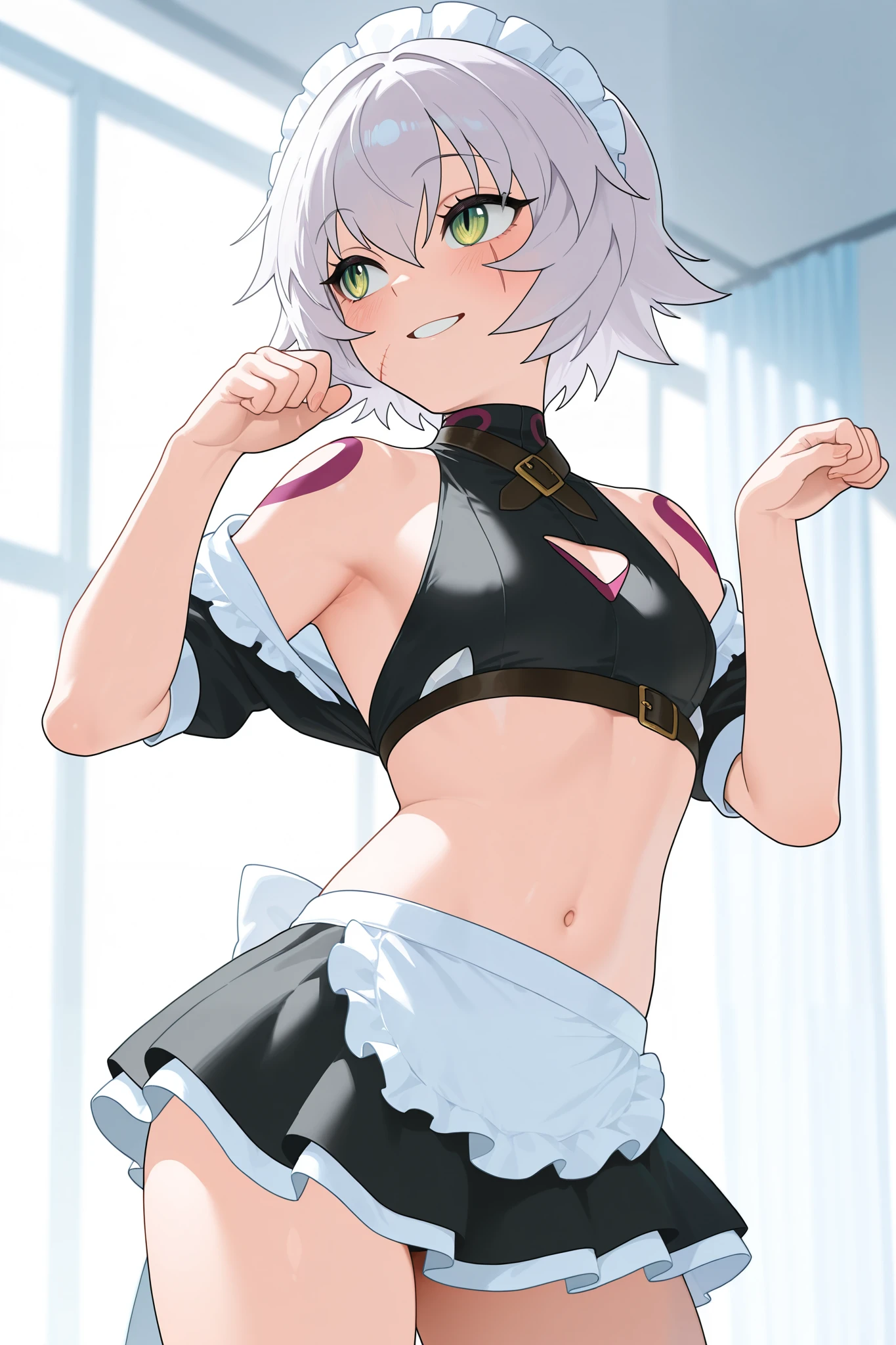 upper body,1girl,solo,chibi,green eyes,flat chest,skinny,silver hair,short hair,crop top,belt,navel,g-string,elbow gloves,kneehighs,Knife sheath,(leaning forward,arms behind back),open mouth,light smile,masterpiece,Noise Reduction,perfect anatomy,high resolution, ultra-detailed,game cg,dutch angle ,beautiful detailed eyes,visualart,five fingers, perfect hands, perfect lighting,