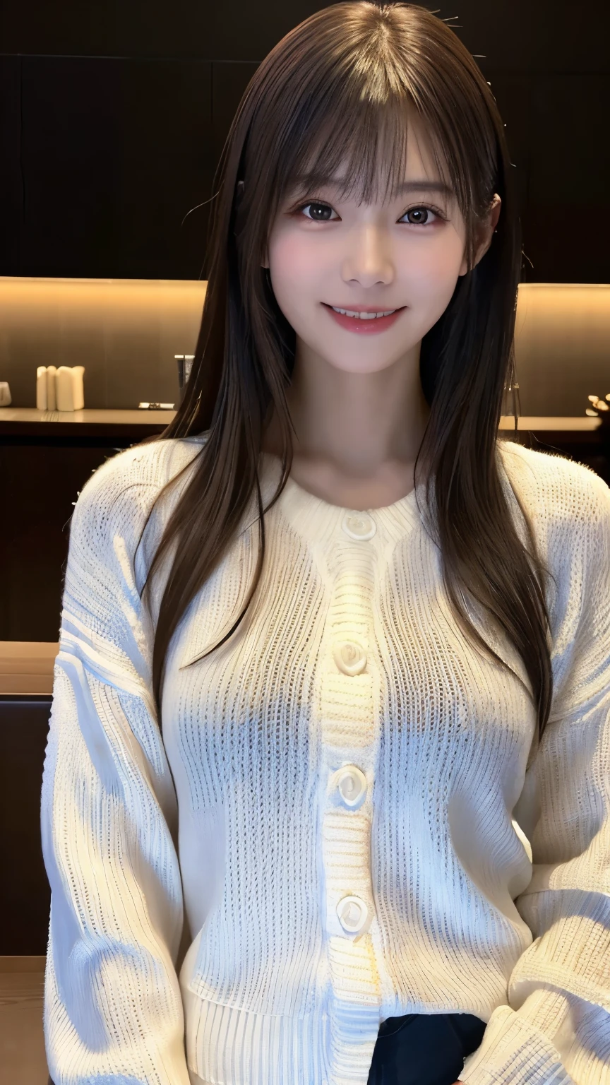 1 Japanese girl ,( white sweater:1.4), ( RAW photos, best quality ), ( realistic, realistic:1.4), table top, so delicate and beautiful, 非常に Detailsな, 8k wallpaper, wonderful, Details, 非常に DetailsななCG Unity, high resolution, Soft light, beautiful detail 19 years old, 非常に Detailsなな目と顔, Beautiful and Elegant Nose , beautiful detail,Cinema Lighting, Complete anatomy, slender body,smile ( asymmetrical bangs ,)