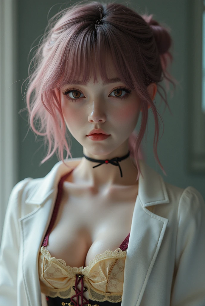 (8K, Raw photo, highest quality, masterpiece), ultra high resolution, (realistic, photo-realistic), 1 girl, emotionless, alone, pink hair, yellow eyes, professional lighting, detailed lighting, Backlight, written boundary depth, Natural light, sharp focus, Shooting distance 3 meters, professional photography, fine eyes, realistic eyes, detailed shadow, cosplay, suspenders, skirt, big breasts, ((erect nipples)), thin waist,that&#39;Transparent