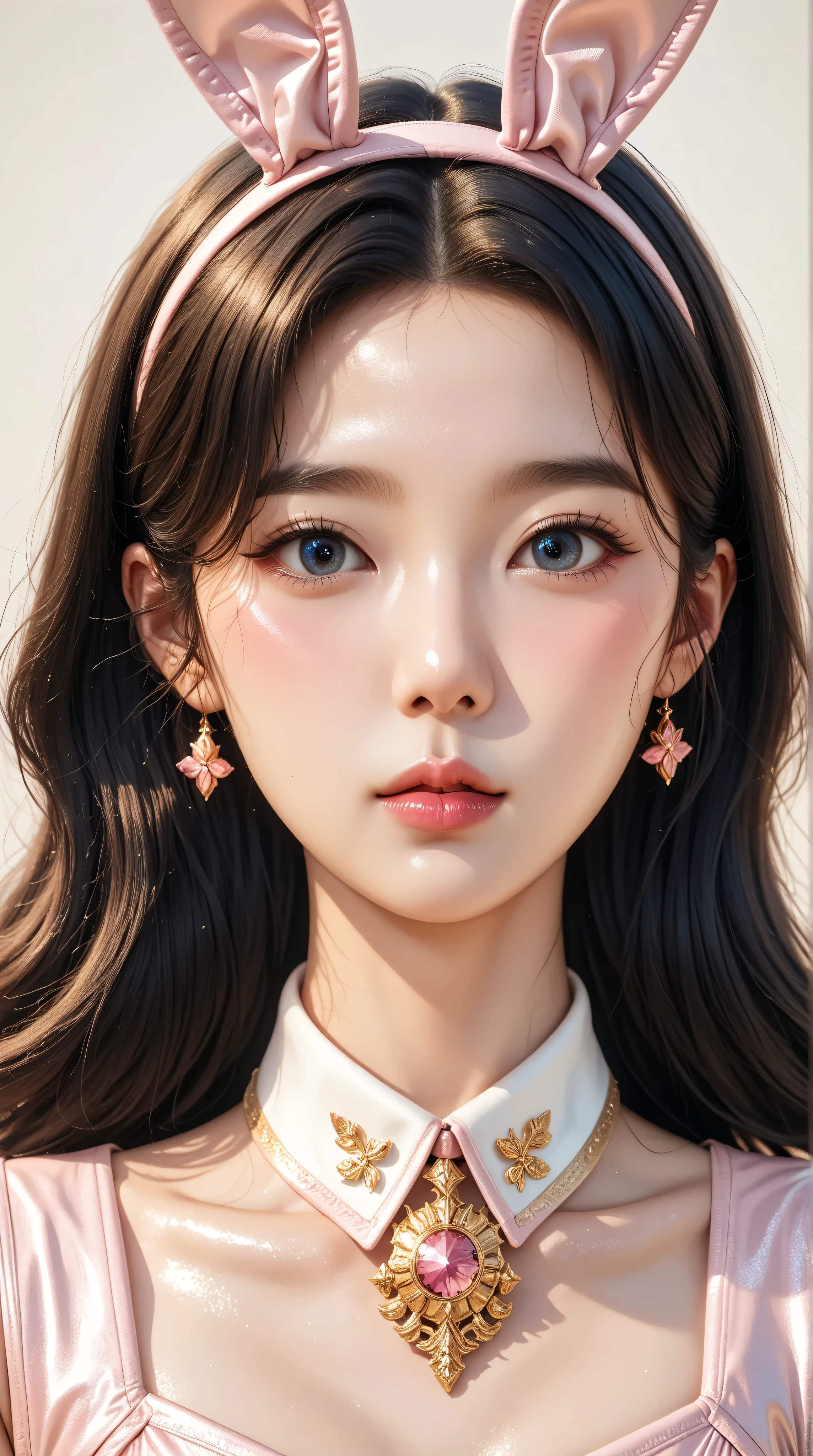Highly detailed, Amazing work，Vitreous luster,((clean backdrop))，In gold，(((pink)))，blues，Best quality at best，clean backdrop, shiny skin, ((best quality)), ((masterpiece)), (detailed), perfect anime, young korean bunnygirl, korean eyes, korean nose, korean mouth, portrait, surreal, in the illustrative style of moebius, spaceships, aliens, fantasy, sci-fi, graphic novel, line drawing, french retro, extravagant, ornate, royalty, 