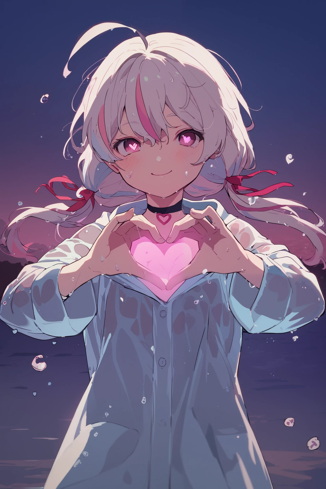 score_9, score_8_up, score_7_up, score_6_up, score_5_up, score_4_up, 1girl, angel girl, , small breasts, heart-shaped face, upper body, feet out of frame, front view, standing, heart hands, looking at viewer, happy, pink eyes, heart shaped pupils, symbol-shaped pupils, long hair, white hair, multicolored hair, pink streaked hair, bangs, hair between eyes, low twintails, hair ribbon, red ribbon, heart ahoge, ahoge, hair ornament, wet clothes, blue raincoat, hood up, long sleeves, water, choker, flower hair ornament, heart choker, outdoors, night, water droplets, black clouds, ,night sky, heavy rain,wind, cinematic lighting, motion blur, Depth of Field, soft focus, anime coloring, Glowing Light, Smile, 