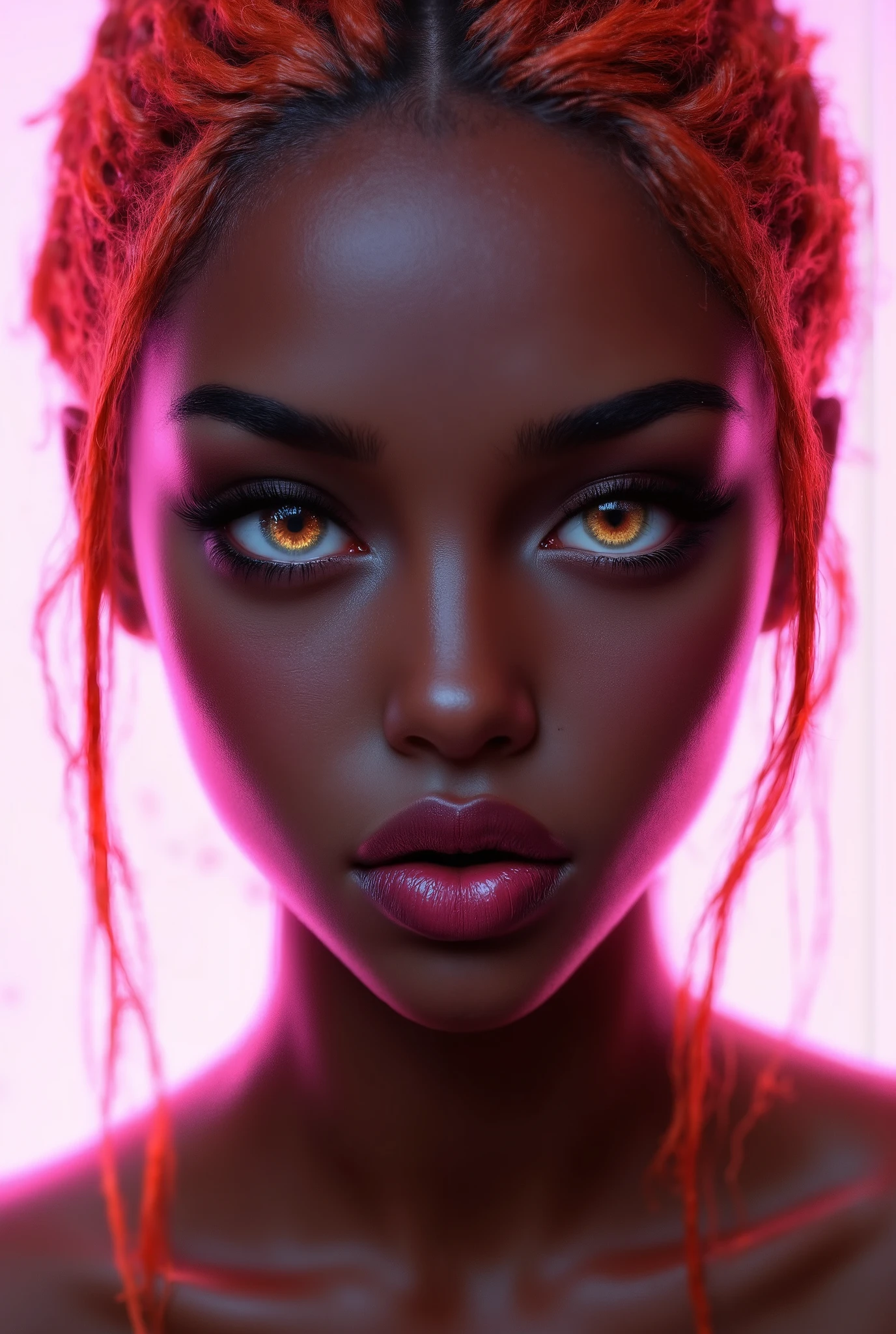 ( highdefinition images、Pro Work 、Artistic、 The Greatest Masterpiece、 Draw realistically accurately with detailed details 、 Detailed texture :1.2)、( beautiful 17--old ck girl 、 orange dreadlocks 、強い光に照らされている美しい facial hair 、Small chin、 big eyes、 Feeling slightly apart between eyes 、(Golden Eyes、 big eyes)、Beautiful Nose、Thick lips、(Beautiful jet black skin hair 、 in a pink room expressing skin texture in detail )、(( facial hair 、Face sticking out 、 The background is a white digital type that shines pink)):1.5)