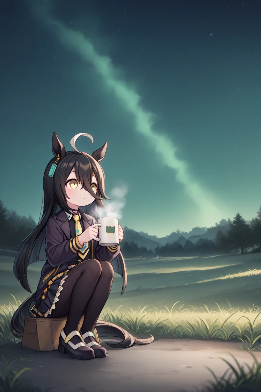 ( Highest Image Quality),( high resolution),( Uma Musume, Manhattan Cafe ),(whole body),( Black clothes, yellow tie,  black miniskirt standing in the diner,  black tights),((sit, sitting on the floor)),((  stargazing ,night,Look at the sky),(Looking away),(Objectivity ),(Holding a mug,  steam ),(grassland,lawn,green),(Tranquility,silence,Calmness)