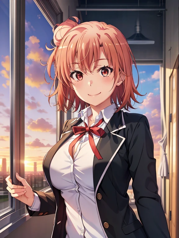 ((masutepiece, Best Quality, hight resolution, nffsw, Perfect Pixel, depth of fields, 4K, )), 1girl in, Solo, , Beautiful anime girl, Beautiful Art Style,
very low view angle:1.3, view from below:1.5, sky from below:1.5, hotel room background, sitting on floor:1.5,
Perfect body, seductive smile,
Yuigahama Yui, Hair bun, short hair, large breasts, show panties:1.5, show feet:1.5,
Full face blush, black pantyhose:1.4, black suit uniform:1.2, red face,
straight-on:1.3, medium shot
