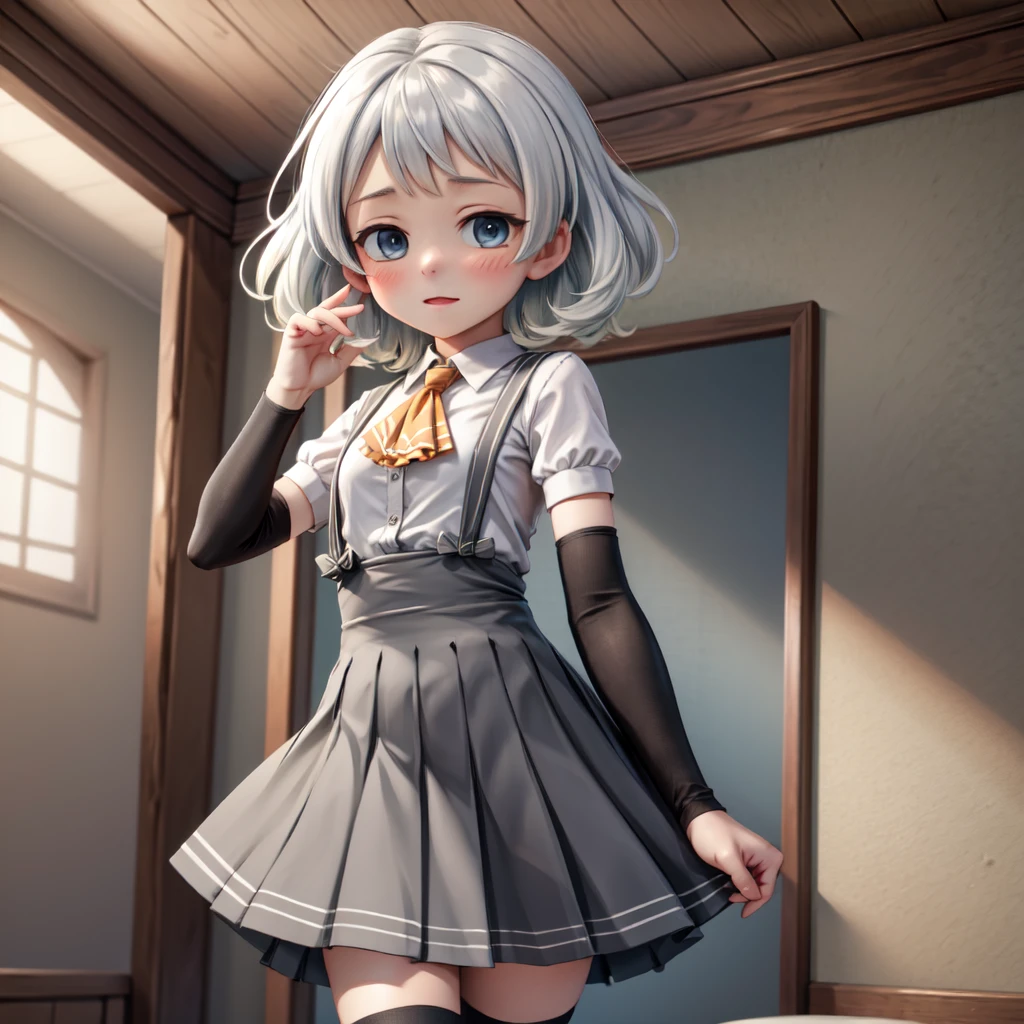 girl with, Bun hairstyle, light-colored hair、a short skirt、low angles、skirt lift by yourself、Panties are visible、white panties