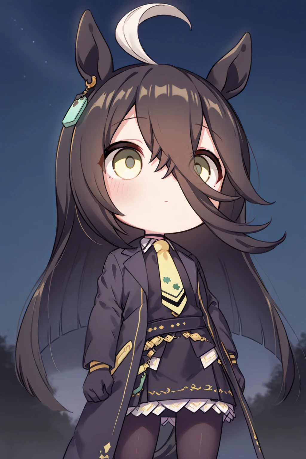 (  Highest Image Quality ),(  high resolution ),(  Uma Musume, Manhattan Cafe  ),(  black suit,Yellow tie, black miniskirt 、 black tights ),(  chibi ),( whole body ),((  stargazing 、night、 staring at the sky )),(Silence,quiet,Calmness)