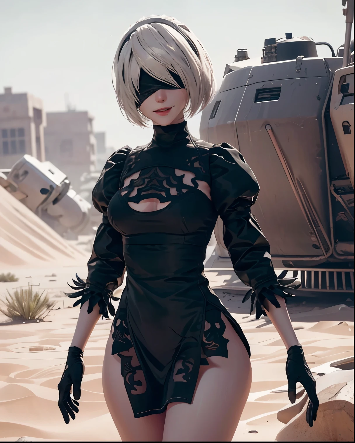 A beautiful sexy woman (Nier: Automata) standing in the middle of a desert, wearing a tight black mini dress, beautiful sexy and athletic body, white hair, a black band covering her eyes, perfect white pale skin, smiling seductive face, rose cheeks, red lips, desert background, intrincate, realistic, photorealistic, Ultra HD.