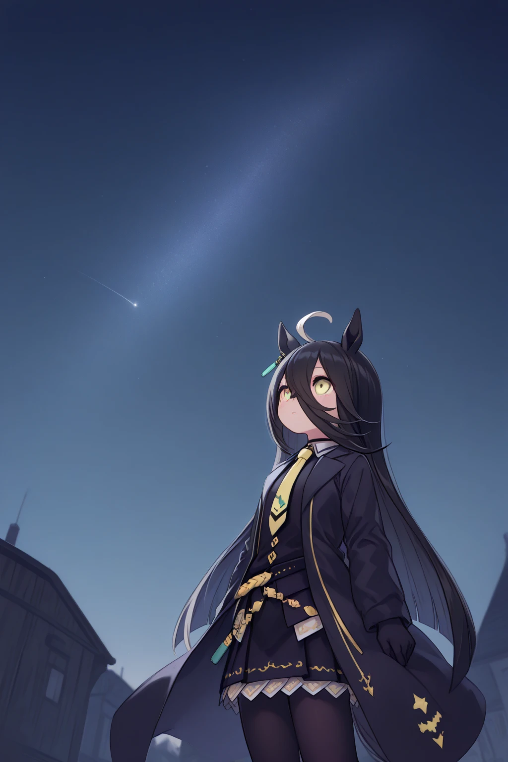 ( Highest Image Quality),( high resolution),( Uma Musume、 Manhattan Cafe ),(Black clothes、 yellow tie、black miniskirt standing in the diner、 black tights),(whole body),( Look Away),(( stargazing 、night、Look at the sky)),(Objectivity 、 broadens perspective、From afar),(Silence,Tranquility,Calmness),( Fantastic, Fantasy),(暗い)