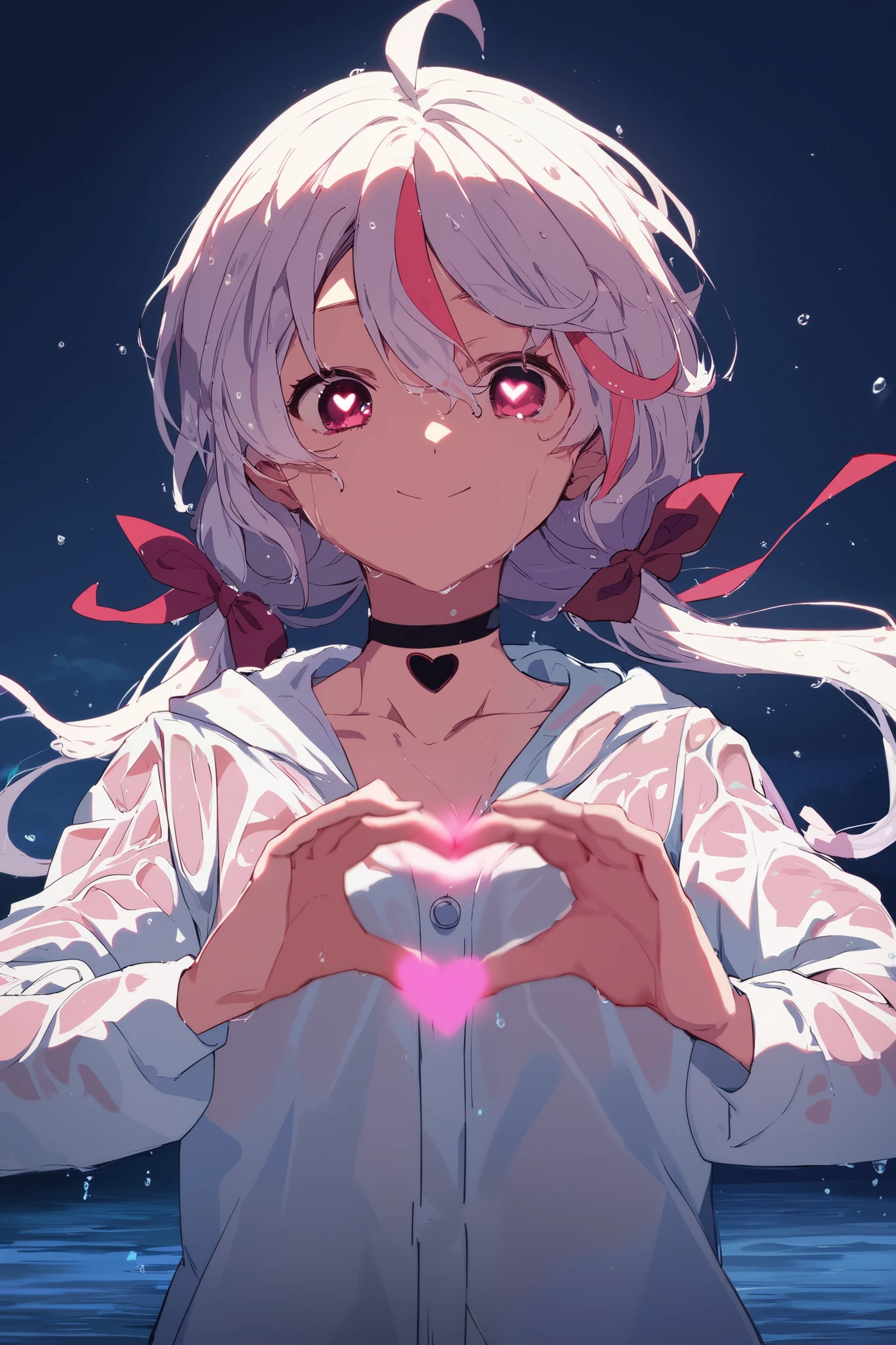 score_9, score_8_up, score_7_up, score_6_up, score_5_up, score_4_up, 1girl, angel girl, teen, small breasts, heart-shaped face, upper body, feet out of frame, front view, standing, heart hands, looking at viewer, happy, pink eyes, heart shaped pupils, symbol-shaped pupils, long hair, white hair, multicolored hair, pink streaked hair, bangs, hair between eyes, low twintails, hair ribbon, red ribbon, heart ahoge, ahoge, hair ornament, wet clothes, blue raincoat, hood up, long sleeves, water, choker, flower hair ornament, heart choker, outdoors, night, water droplets, black clouds, ,night sky, heavy rain,wind, cinematic lighting, motion blur, Depth of Field, soft focus, anime coloring, Glowing Light, Smile,