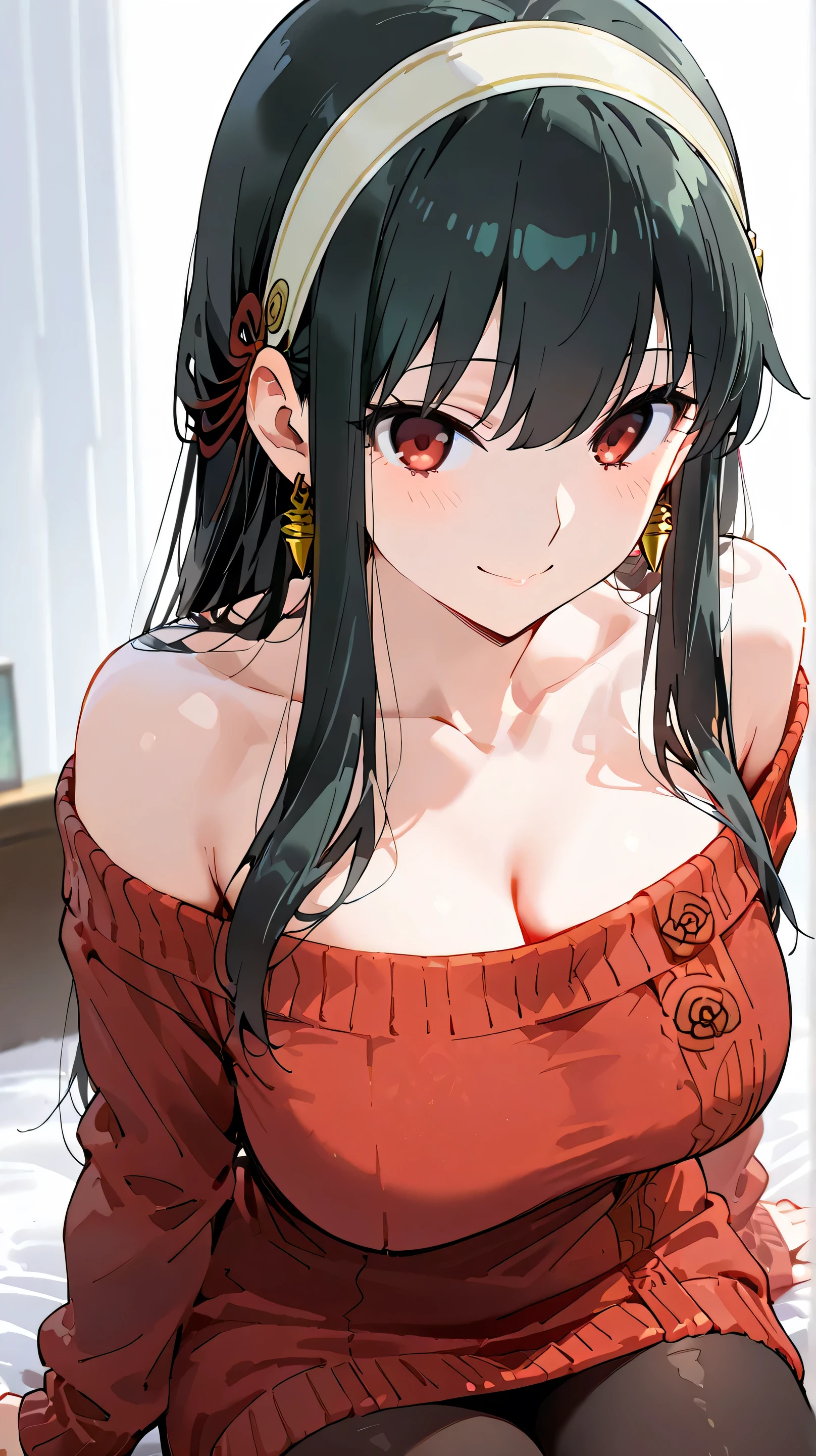 back shot,upper body,close up ass,from behind,
(masterpiece:1.2, Best Quality),(only 1 screen),1girl,solo,White background,
beauty, glossy lips, Rouge,
happy smile,
,yoor_foorger,
yor briar, black hair, red eyes, earrings, white hairband, hairband, long hair, sidelocks, large breasts,bare shoulders, collarbone, dress, long sleeves, off shoulder, off-shoulder dress, off-shoulder sweater, pantyhose, red sweater, sweater, sweater dress, thighs,