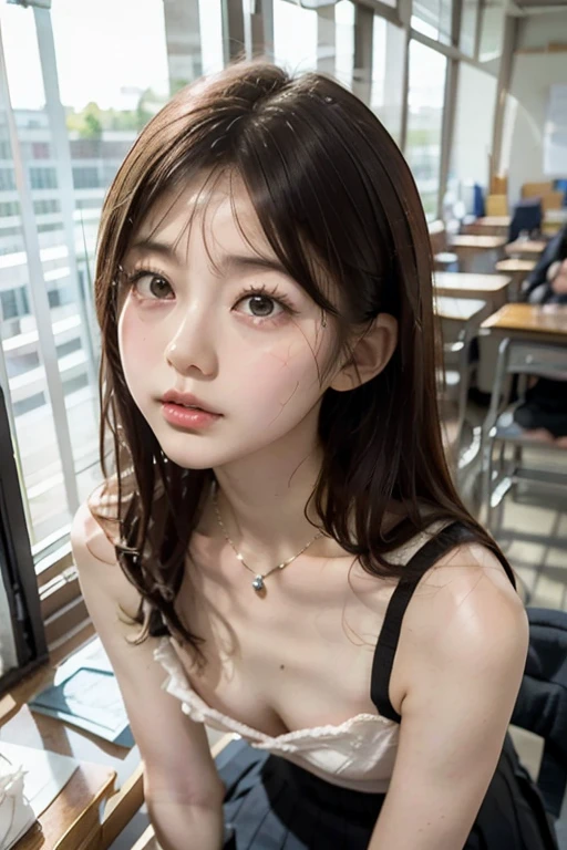 best quality, ultra high res, 8K, RAW photo ,cute school girl, japanese, solo, (((flat chest))),downblouse, small breasts, voluptuous, cute detailed bra with embellishments,overlap blouse,(high resolution detail of human skin texture), short hair,necklace ,leaning over, studying at a small desk,  from side above ,slender ,in classroom,