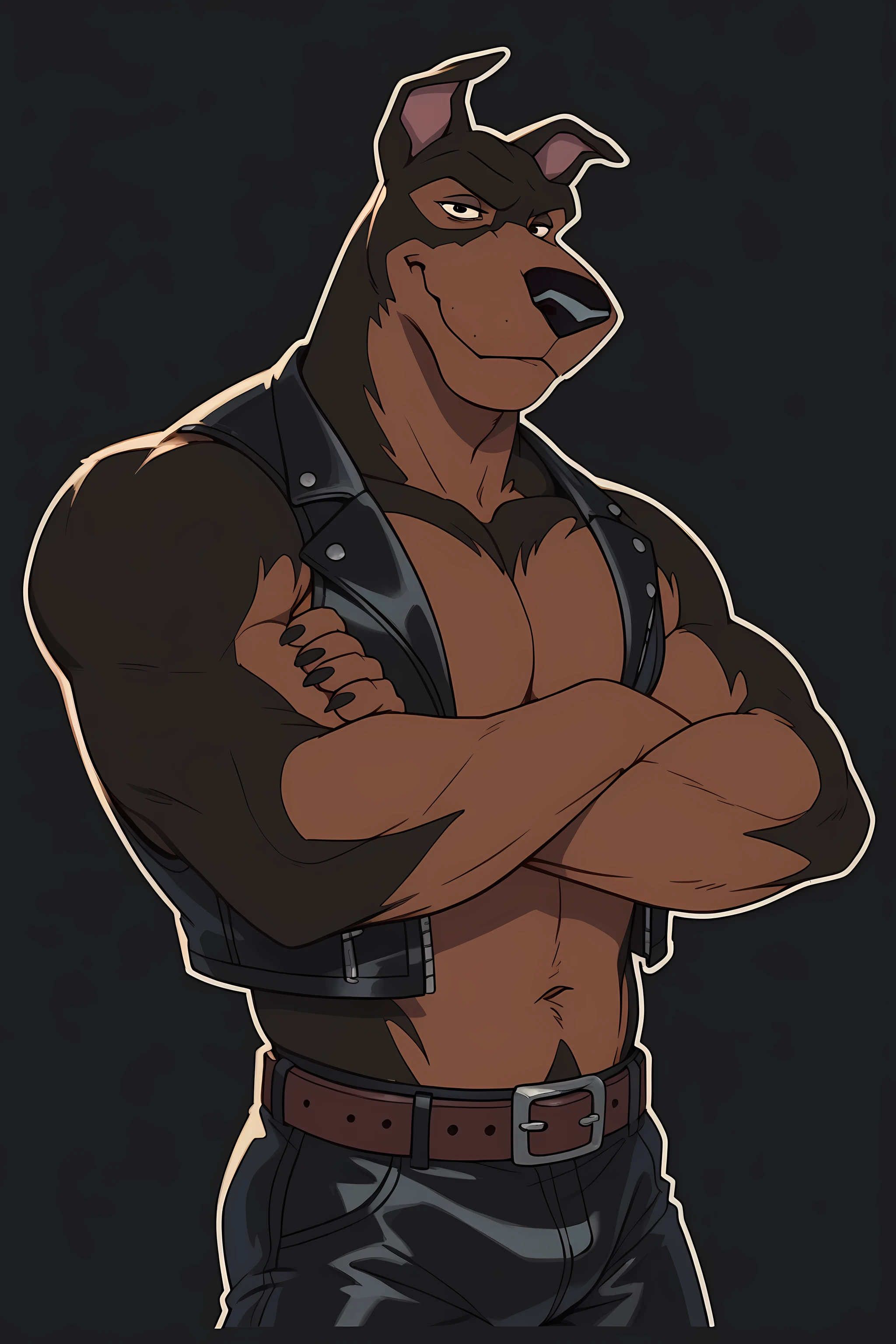 BusterLT, furry, anthro, anthro body, canine, doberman, black eyes, black nose, black body, black fur, brown body, brown fur, two tone body, two tone fur, pink inner ear, solo, athletic build, muscular, muscles, (flat colors, no shading), simple background, black background, detailed, posing, looking at viewer, smile, strong posture, shirtless, belt, leather pants, muscular neck, half body, half view, strong pose, leather vest