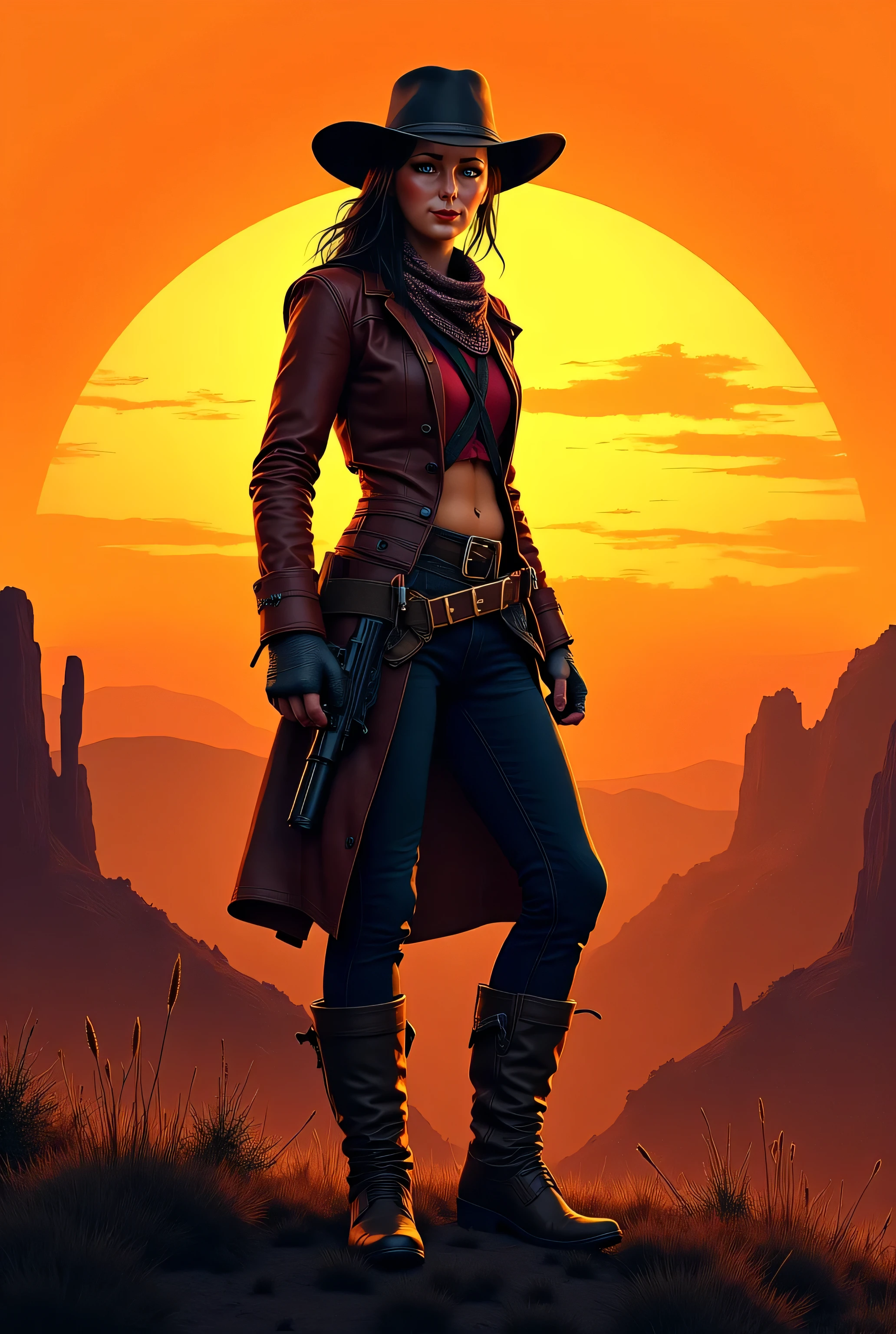 an attractive woman [gunslinger:bounty hunter:0.4] standing in a apocalyptic wilderness (pixelpc style:1) <lora:djzPixelPC_LB2:0.8>