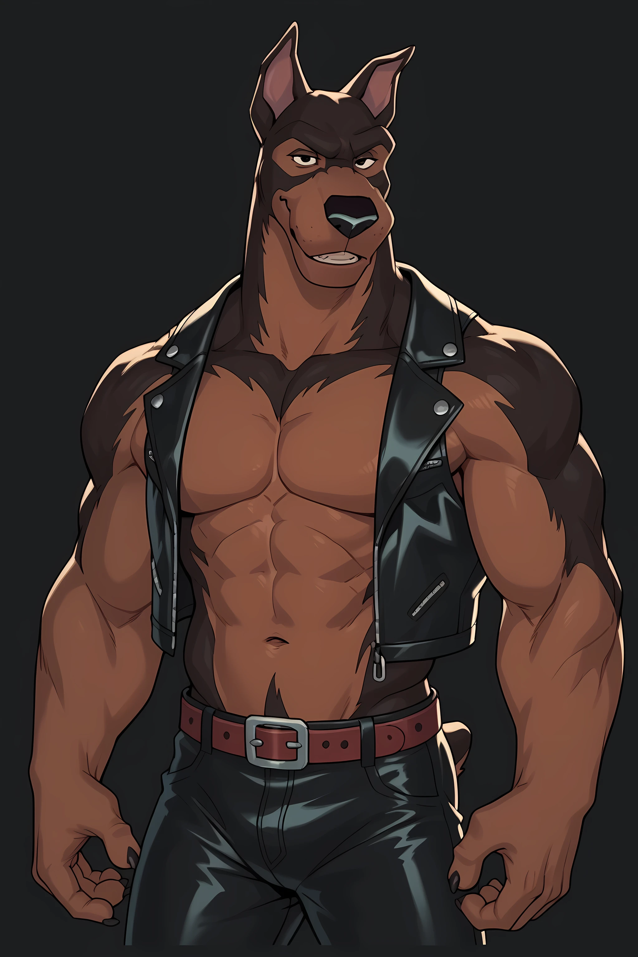 BusterLT, furry, anthro, anthro body, canine, doberman, black eyes, black nose, black body, black fur, brown body, brown fur, two tone body, two tone fur, pink inner ear, solo, athletic build, muscular, muscles, ((flat colors, no shading)), simple background, black background, detailed, posing, looking at viewer, smile, strong posture, shirtless, belt, leather pants, muscular neck, half body, half view, strong pose, leather vest