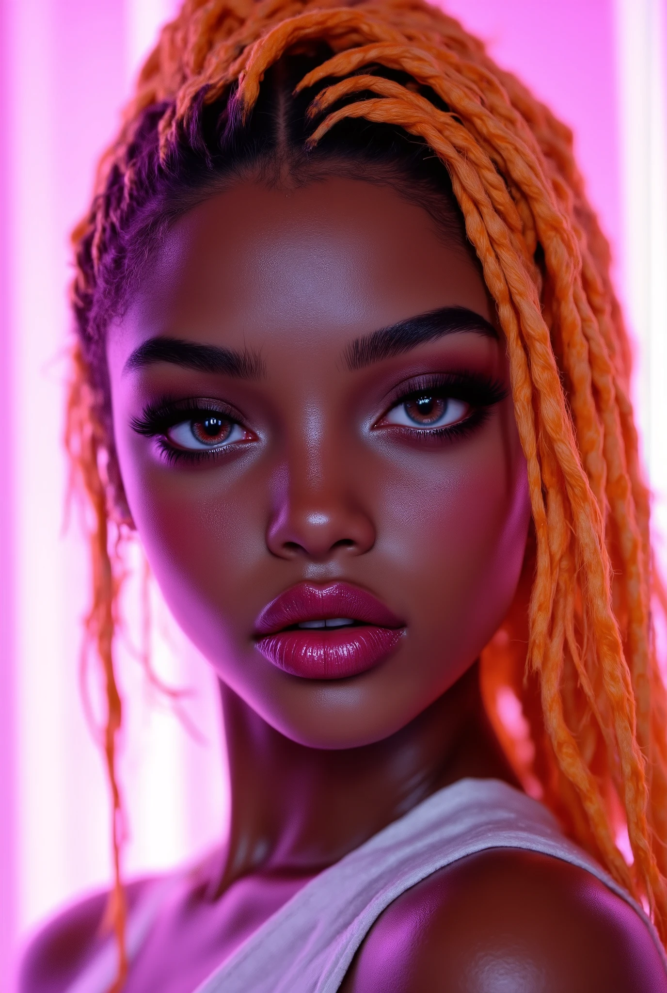 ( highdefinition images、Pro Work 、Artistic、 The Greatest Masterpiece、 Draw realistically accurately with detailed details 、 Detailed texture :1.2)、( beautiful 17--old ck girl 、 orange dreadlocks 、 An up of a beautiful face illuminated by light、Small chin、 big eyes、 Feeling slightly apart between eyes 、(Golden Eyes、 big eyes)、Beautiful Nose、Thick lips、(Beautiful dark skin 、 expresses skin texture in detail down to pores )、(( and look up your profile、Face sticking out 、 The background is a white digital type that shines pink)):1.5)