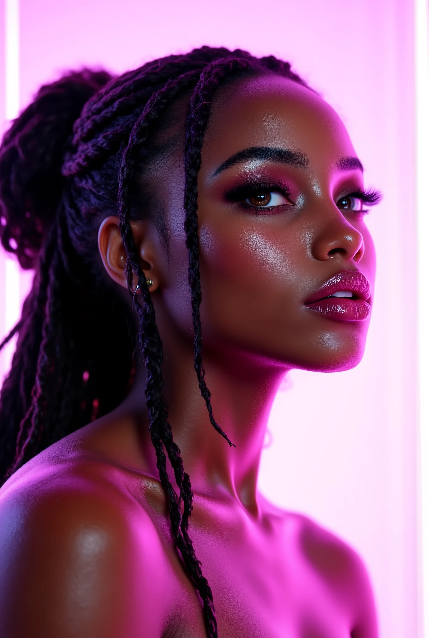 （ highdefinition images、Pro Work 、Artistic、 The Greatest Masterpiece、 Draw realistically accurately with detailed details 、 Detailed texture :1.2）、（ beautiful １7--old ck girl 、 Braided black hair bundled at the back 、Profile face of a beautiful black person 、Small chin、 big eyes、 Feeling slightly apart between eyes 、（Golden Eyes、 big eyes）、Beautiful Nose、Thick lips、（Beautiful dark skin 、 expresses skin texture in detail down to pores ）、(( and look up your profile、Face sticking out 、 The background is a white digital type that shines pink)):1.5）