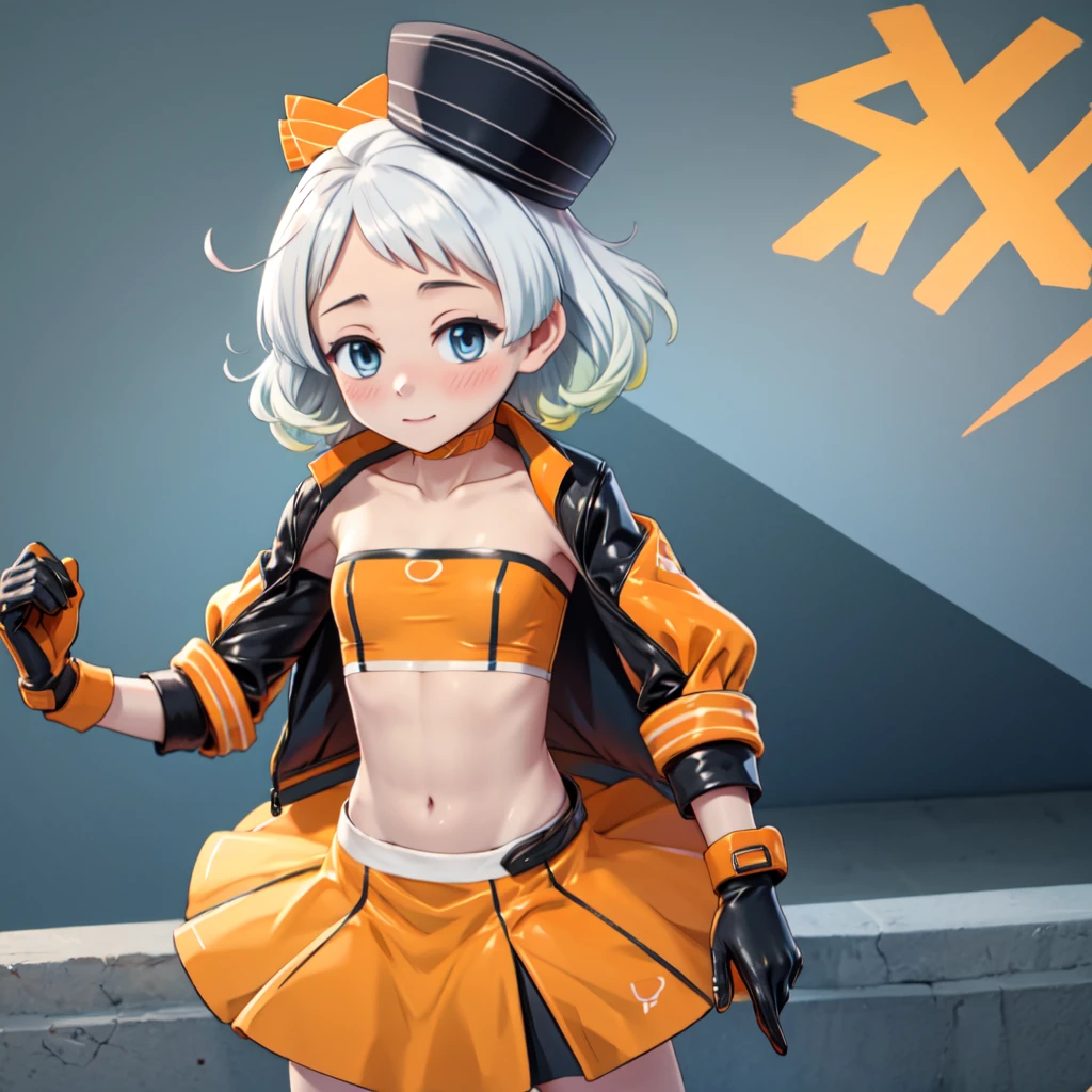 (Masterpiece,Best Picture Quality:1.2), Cowboy shot, Solo, 1girls, bea\(pokemonlance\), DARK-SKINNED FEMALE, Indifferent, Fixed gaze, hair tie, Collared shirt, high leotard, print shorts, (Single glove:1.1),Drops of water on the chest, Colorful background,cum on bodyl, --auto