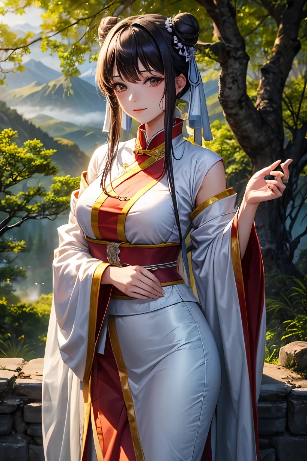 Ao Dai, curvy body,(best quality,4k,8k, high res,masterpiece:1.2), ultra-detailed, HDR, UHD,(realistic, photorealistic,photo-realistic:1.37), portraits, vivid colors, lush garden, serene atmosphere, soft natural lighting, flowing silk, traditional Vietnamese costume, meticulously embroidered patterns, elegant movements, graceful posture, colorful flowers, butterflies fluttering around, gentle breeze, subtle feminine charm, feathery lashes, expressive eyes, lustrous lips, delicate waistline, the majestic background of Vietnamese architecture, classic and timeless beauty of Vietnamese culture, tranquility and harmony of nature and femininity, big breasts, big ass