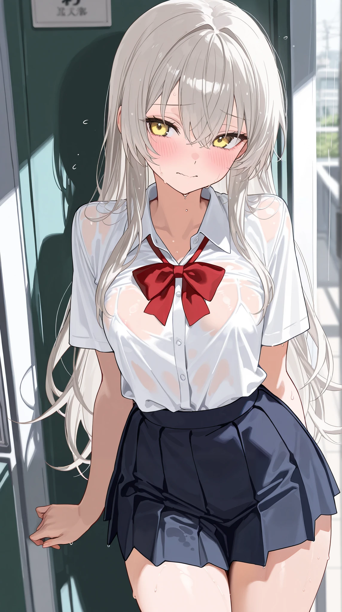 masterpiece,best quality,highres,illustration,hyper detailed,8k cg wallpaper,ray tracing,((white hair:1.2)),((long hair:1.2)),((red eyes:1.2)),((straight hair:1.2)),medium breasts,(hiten1:0.8),<lora:add_detail:1>,(covered nipples:1.1),<lora:NoBra_CoveredNipples_FefaAIart:1>,white shirt,pleated skirt,rain,wet clothes,outdoors,