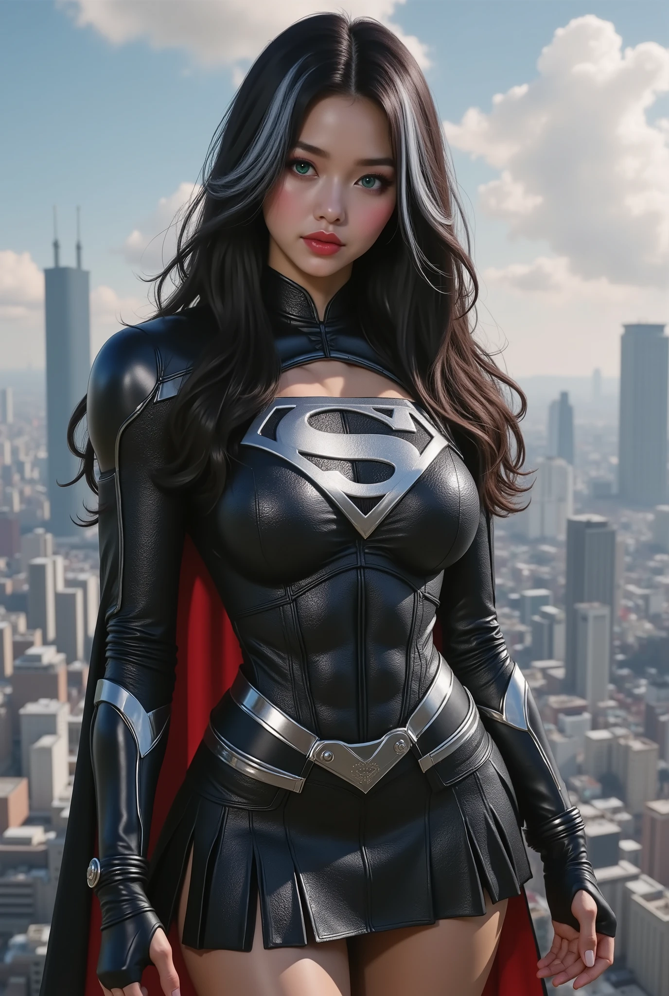 FULL VIEW OF A GREEN EYED ASIAN BABE, WEARING A BLACK AND SILVER DRESS STYLE SUPERGIRL COSTUME WITH A SILVER "S" SUPERMAN EMBLEM, A BLACK SKIRT WITH A SILVER BELT, BLACK BOOTS WITH SILVER TRIM AND A BLACK AND RED CAPE, STANDING POSE, LONG BLACK HAIR WITH BIG WHITE STREAKS, green eyes, long black eyelashes, puckered lips, textured skin, super detail, high details, high quality, best quality, 4K, 8k. TOKYO BACKGROUND.