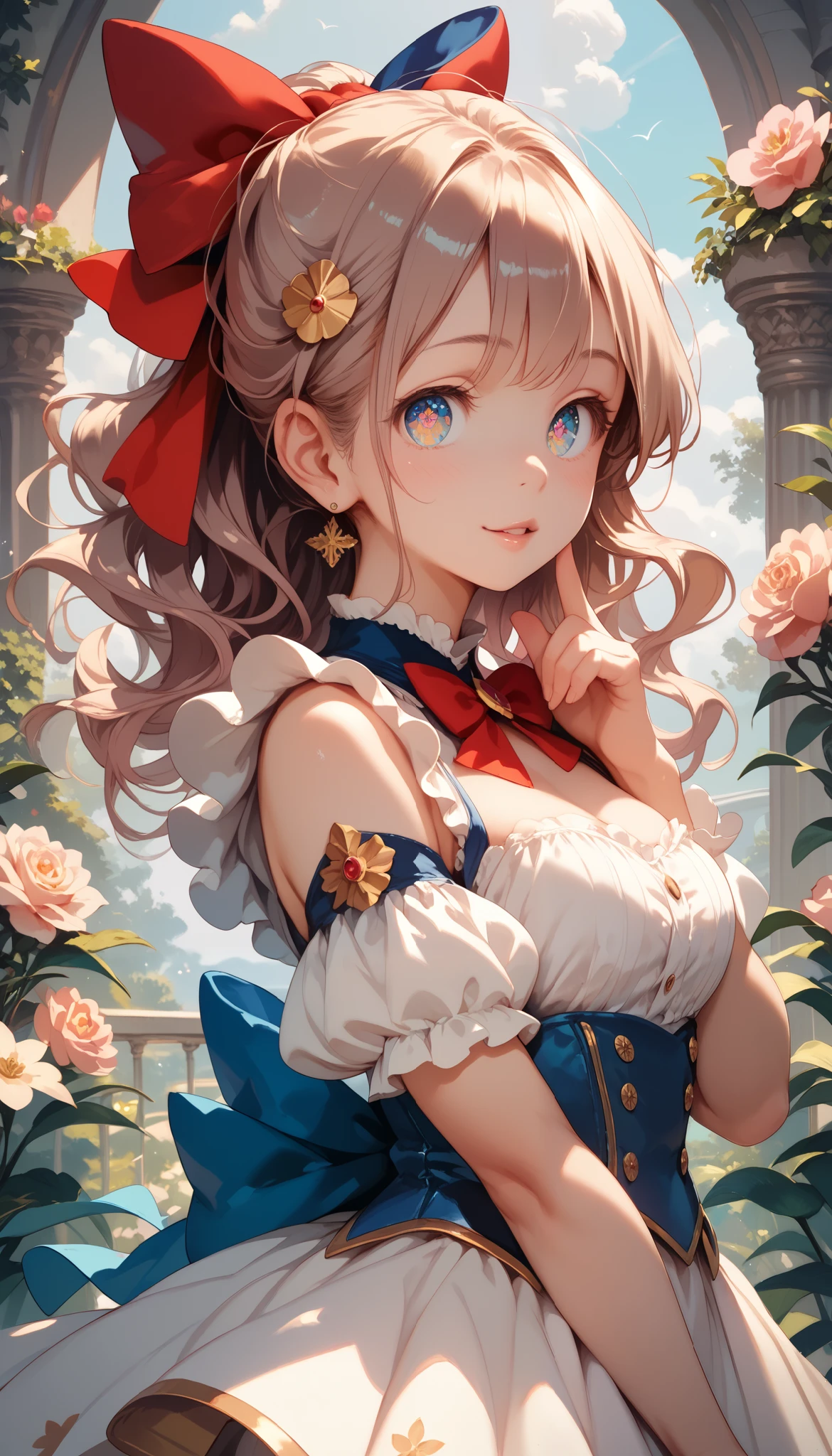 ((Best quality, 8k, Masterpiece: 1.3)), Sharp focus A beautiful woman with perfect body, Highly detailed face and skin texture, (Detailed eyes), hair bow, ribbon, pupils sparkling, tareme, cowboy shot