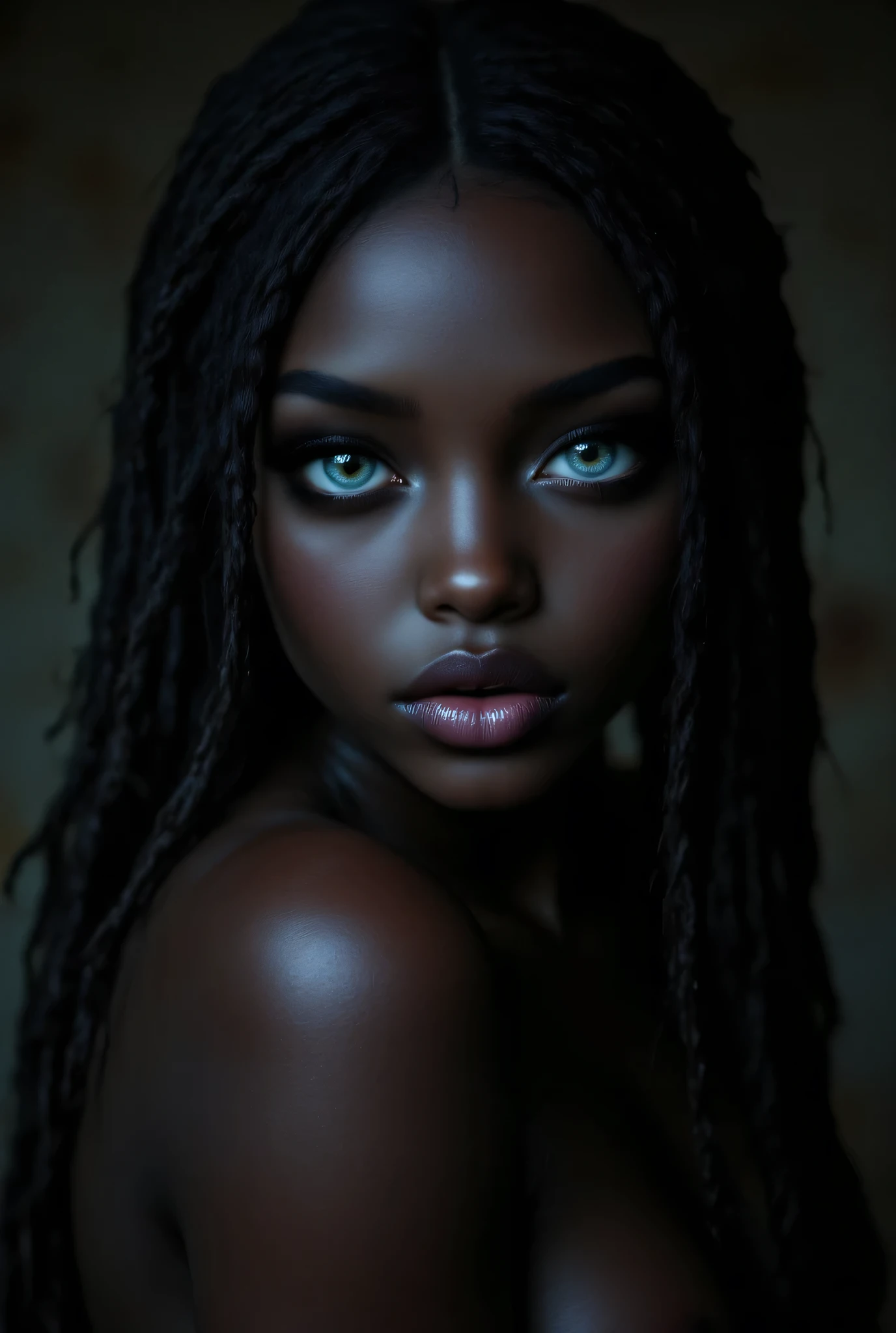 ( highdefinition images、Pro Work 、Artistic、 The Greatest Masterpiece、 Draw realistically accurately with detailed details 、 Detailed texture :1.2)、( beautiful in a dark room 17--old ck girl 、Bundle up braided hair at the back 、光に照らされている美しい and look up your profile、Small chin、 big eyes、 Feeling slightly apart between eyes 、( big eyes)、Beautiful Nose、Thick lips、(Beautiful dark skin 、 expresses skin texture in detail down to pores )、(( and look up your profile、Face sticking out 、The background is a dark room )):1.5)