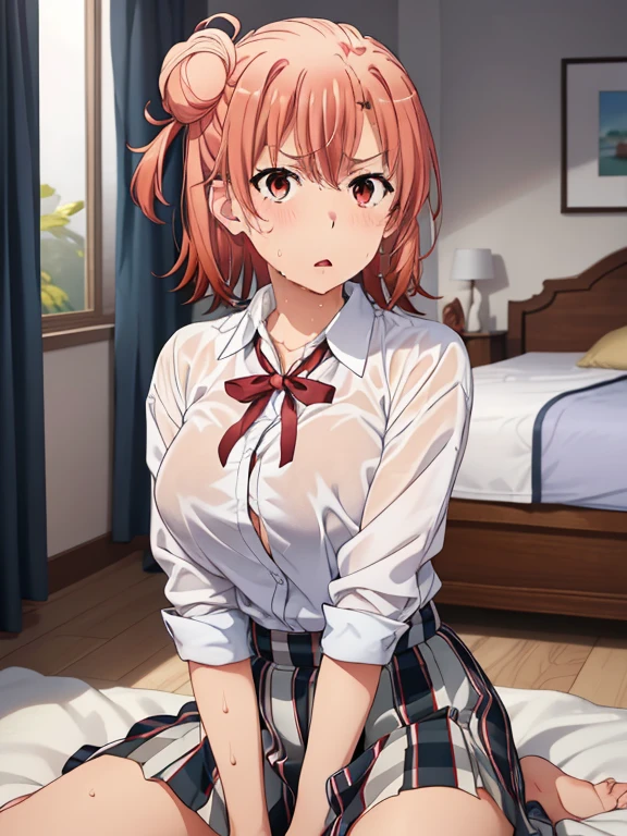 1 girl,  
yuigahama yui, pink hair, hair bun, short hair, 

(8K, Top quality, muste piece)

white collared shirt, 
black micro skirt, 
embarrassed, blush, 
sitting on bed, wariza
cleavage, (big breasts), sfw, 

night view, 
pov, from above, 