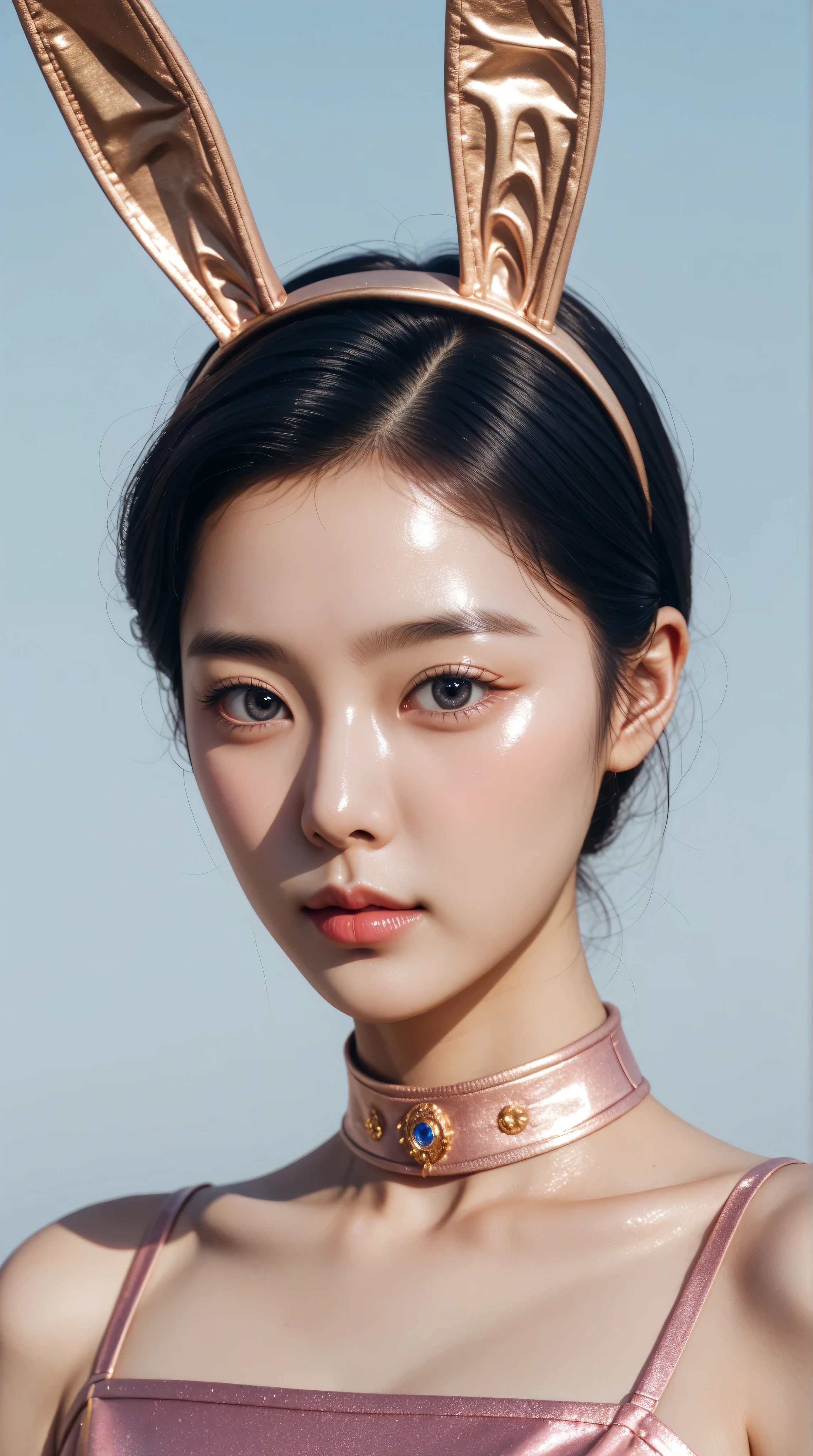 Highly detailed, Amazing work,Vitreous luster,((clean backdrop)),In gold,(((pink))),blues,Best quality at best,clean backdrop, shiny skin, ((best quality)), ((masterpiece)), (detailed), perfect anime, young korean bunnygirl, korean eyes, korean nose, korean mouth, portrait, surreal, in the illustrative style of moebius, spaceships, aliens, fantasy, sci-fi, graphic novel, line drawing, french retro, extravagant, ornate, royalty,