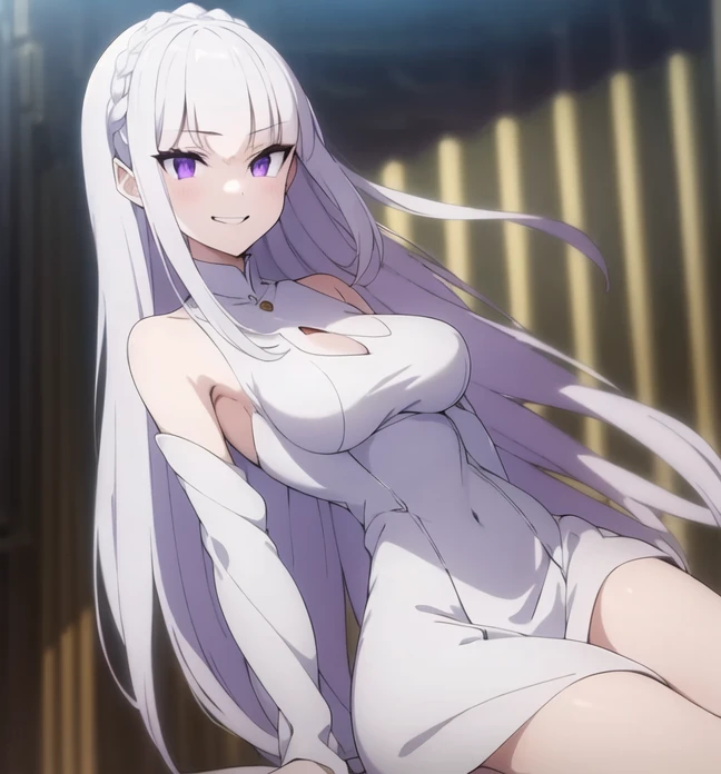 black clover anime woman screenshot, long straight silver hair, fringe, two pigtails reach the side of his head,pink eyes serious expression,tiene dos coletas y fringes en la frente. besides, She wears a pair of purple earrings with a cross shape of "fitchy" and a silver bracelet on her left wrist.
She is wearing a short sleeveless dress, purple and backless,resemblance to noelle silva from black clover