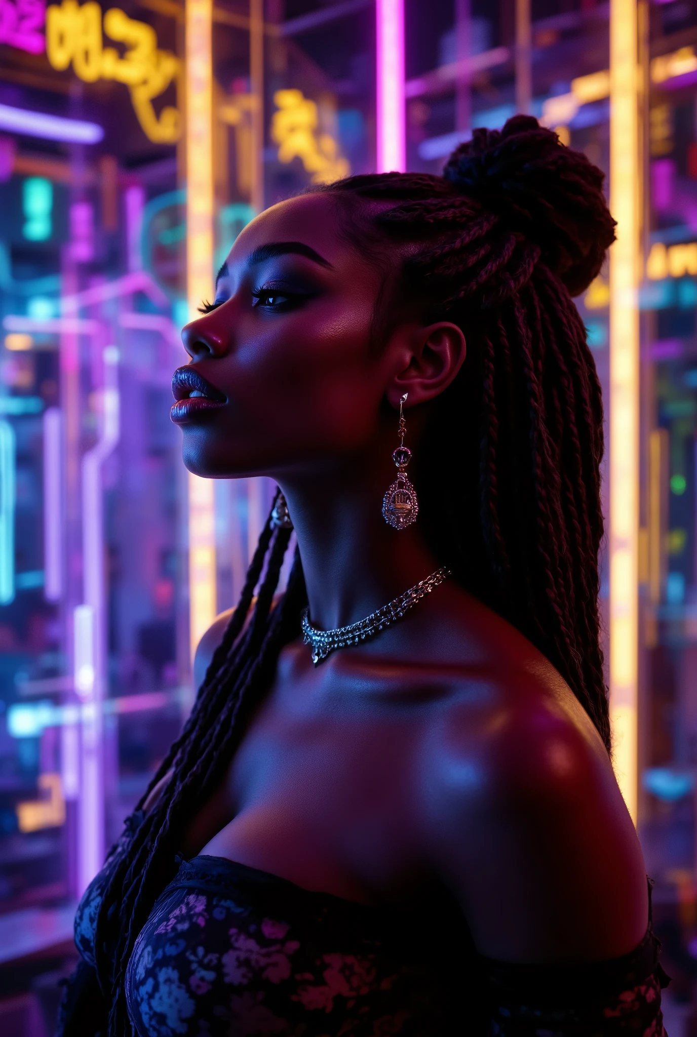 （ highdefinition images、Pro Work 、Artistic、 The Greatest Masterpiece、 Draw realistically accurately with detailed details 、 Detailed texture :1.2）、（ in a dark room 、 colorful neon tubes glow、Digital Type、 beautiful １7--old ck girl 、 Braided black hair bundled at the back 、Profile face of a beautiful black person 、Small chin、 big eyes、 Feeling slightly apart between eyes 、（ big eyes）、Beautiful Nose、Thick lips、（Beautiful dark skin 、 expresses skin texture in detail down to pores ）、(( dancing in a club 、 dynamic composition 、 background is inside a dark club 、光るDigital Type、Neon fluorescent tubes )):1.5）