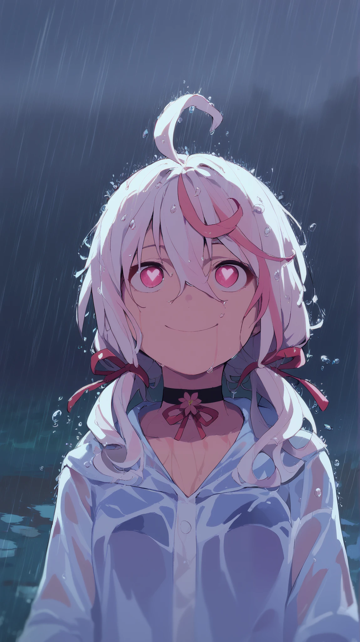 score_9, score_8_up, score_7_up, score_6_up, score_5_up, score_4_up, 1girl, angel girl, , small breasts, heart-shaped face, upper body, feet out of frame, dynamic angle, standing, looking up, happy, pink eyes, heart shaped pupils, symbol-shaped pupils, long hair, white hair, multicolored hair, pink streaked hair, bangs, hair between eyes, low twintails, hair ribbon, red ribbon, heart ahoge, ahoge, hair ornament, wet clothes, blue raincoat, hood up, long sleeves, water, choker, flower hair ornament, heart choker, outdoors, night, water droplets, black clouds, ,night sky, rainy, heavy rain,wind, cinematic lighting, motion blur, Depth of Field, soft focus, anime coloring, Glowing Light, Smile, 