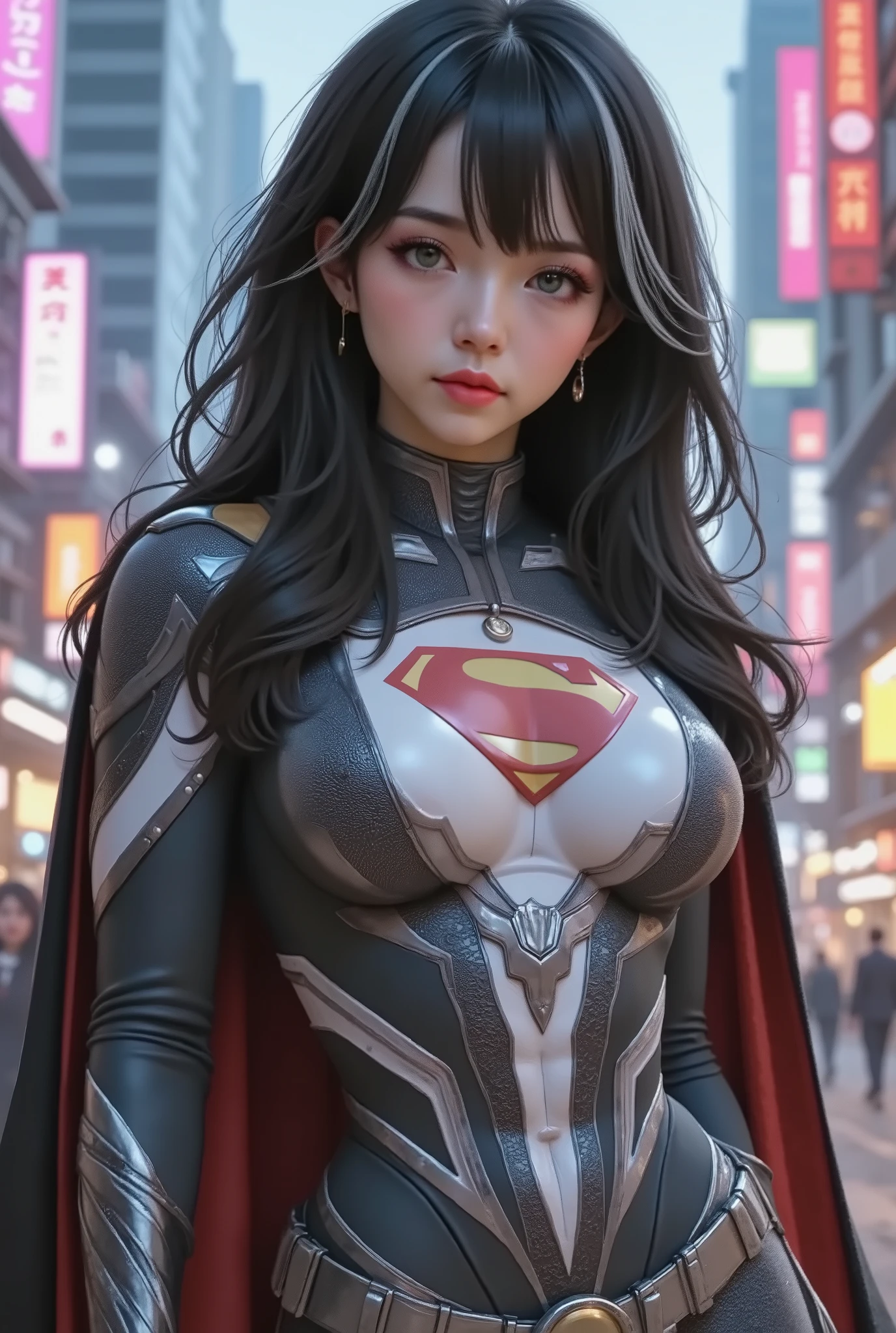 FULL VIEW OF A GREEN EYED ASIAN BABE, WEARING A WHITE AND GREY CROP TOP SUPERGIRL COSTUME WITH A BLACK "S" EMBLEM, A WHITE SKIRT WITH A SILVER BELT, BLACK BOOTS WITH SILVER TRIM AND A BLACK AND RED CAPE, STANDING POSE, LONG BLACK HAIR WITH BIG WHITE STREAKS, green eyes, long black eyelashes, puckered lips, textured skin, super detail, high details, high quality, best quality, 4K, 8k. TOKYO BACKGROUND.