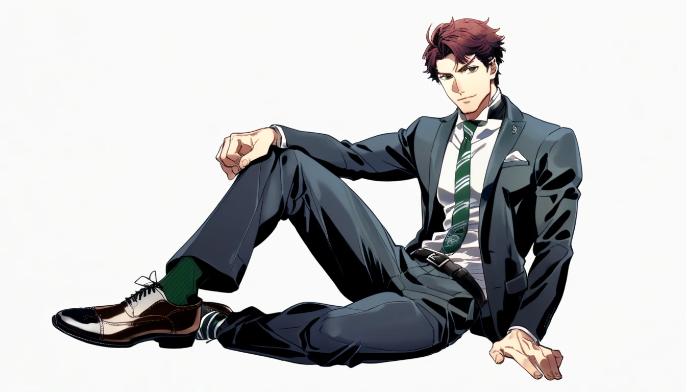 male focus, muscled male, solo, ikemen, mature, male only, tough man, bold, eyes fix, flat chest, sturdy waist, 50 years old, split toe crocodile blucher shoes, collared shirt, tie, three piece suit, belt, slacks, tight clothes, whole body, sitting, invisible chair,  looking at viewer, (white background, simple background:1.5), masterpiece, best quality, mta, showing his socked foot, long tube calf black fancy socks, dominating male pose:2, muscle, long shot, green color socks, Sebastian Sallow:2 from Hogwarts Legacy, slytherin student Sebastian Sallow