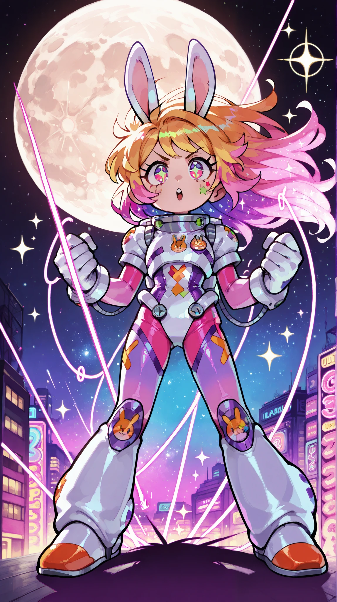 80's Japanese illustration,a girl,pop,cute,neon color,cyberpunk,cawaii,colorful bold LINE,Rabbit ears,space suit armor,colorful hair, bullish expression, action pose,very complicated chaotic city, lots of colorful neon signs, laser gun,space ranger girl,bunny robots,gigantic purple full moon(masterpiece,hyper quality,ultra detailed,perfect shadow,ultra detailed sparkle eyes,ultra detailed delicate hair, complex and detailed background, natural contrast, natural saturation,gradation colors)