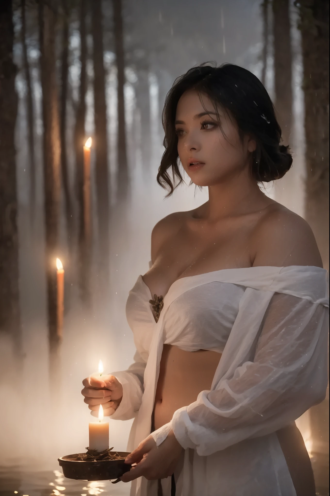 (masterpiece, best quality:1.2, 8k RAW photo, cinematic, high detailed photograph, natural soft lighting, photorealistic, realistic, mystic atmosphere), a full body photograph of a young beautiful female forest black magic witch with medium breast, ((bare naked, fully nude)), ((performing black magic ritual in a foggy lake, in a natural foggy forest, thick fog, hundreds of big candles))), (heavy rain:1.5), temptating, seducing, black magic ritual, evil spirits flying arround, (((mystical night horror scene)))