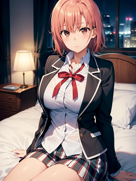 ((Highest quality, High resolution, Perfect Pixel, 4K)), (Beautiful Anime),
Watching the audience,
Perfect body,
yuigahama yui, (Big Breasts:1.3)、Detailed eyes、Brown eyes、
Depth of written boundary、
short hair, Single hair bun,
Neck ribbon, White shirt, Dress shirt, blazer, Black jacket, Open jacket, Long sleeve, Checked skirt,
Lying on the bed、Put your back on the bed、
night、Hotel、