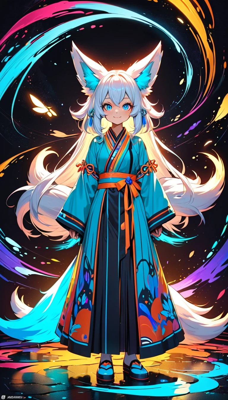 A fox spirit that has walked an incredibly long way and left footprints, Focus on long-lasting footprints, anthropomorphized kitsune (fox spirit) mascot character with big expressive eyes and a joyful expression, The kitsune should appear playful and inviting dressed in vibrant colorful clothes, The character is traveling in a dark world leaving a glowing trail with each step which illuminates its path, Use vivid colors and a pop art style to make the character stand out, The dark background should highlight the bright and glowing paths, Ensure the entire scene feels vibrant and playful emphasizing the kitsune's charm and the magical ambiance created by its glowing trail, Action painting, super detail, best quality, high details, UHD, retina, masterpiece, accurate, award winning, highres, 16k