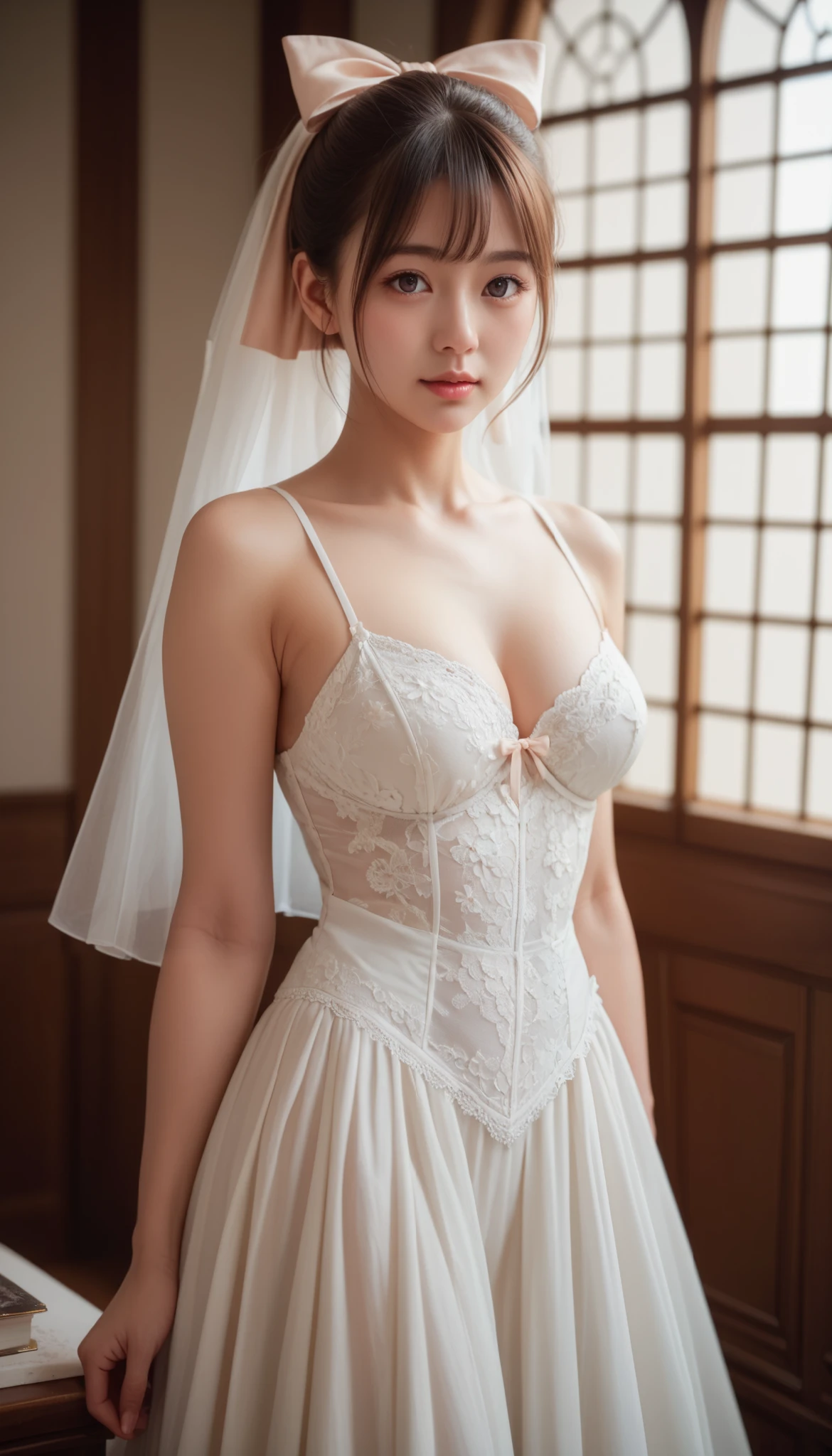 ((top quality, 8k, masterpiece: 1.3)), women (full body portrait, wearing white lace and ruffled wedding dresses, hanging a lace-trimmed veil on their heads, back figure, turning around, small buttocks), outdoors, outside the chapel, background dots of out-of-focus light, overhead camera, sharp focus: 1.2, cute woman: 1.4, ((black hair, bob cut)), Highly detailed face and skin and hair texture, wet texture hair, wet body, detailed eyes, double eyelids, white skin, beautiful legs, beautiful delicate nose, cute young Japan woman, 28 years old, pleasant to the eye, while exuding melancholy emotions, characterized by a contrasting mix of calm tones and light and shadow, with dynamic angles, It is a thought-provoking composition.